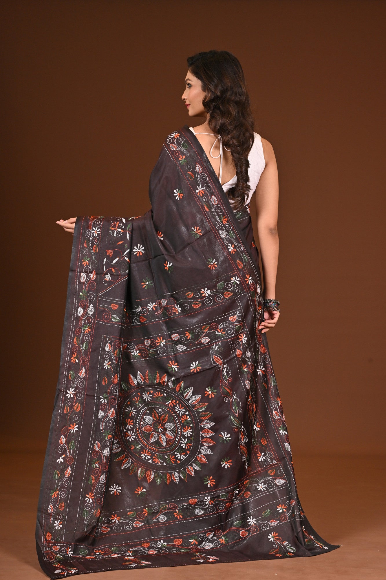 Blended Silk Kantha Stitch Saree Brown Thumbnail