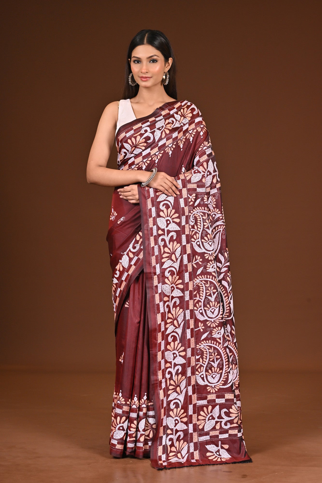 Blended Silk Kantha Stitch Saree Brown