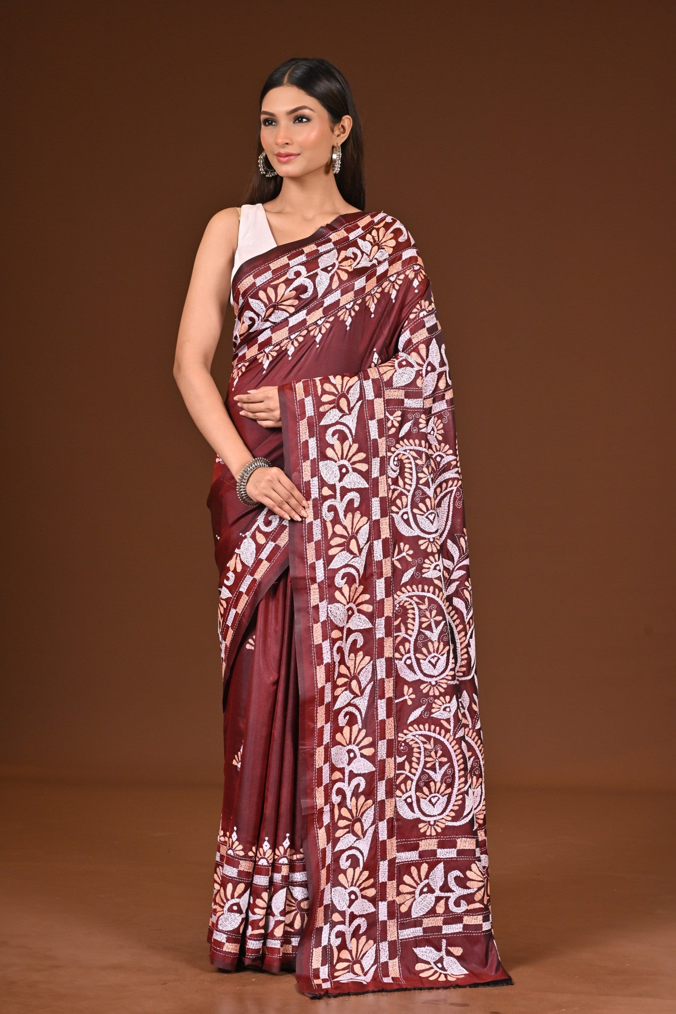 Blended Silk Kantha Stitch Saree Brown Thumbnail