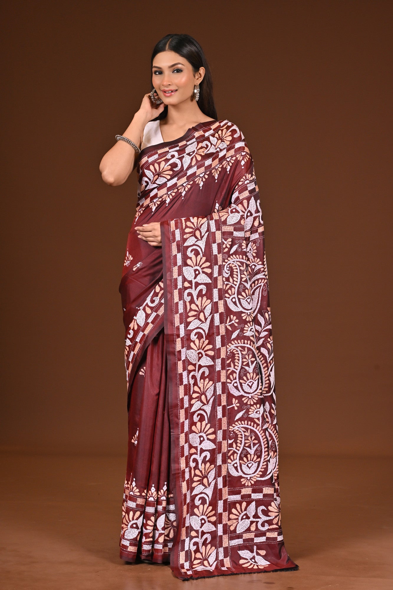 Blended Silk Kantha Stitch Saree Brown Thumbnail