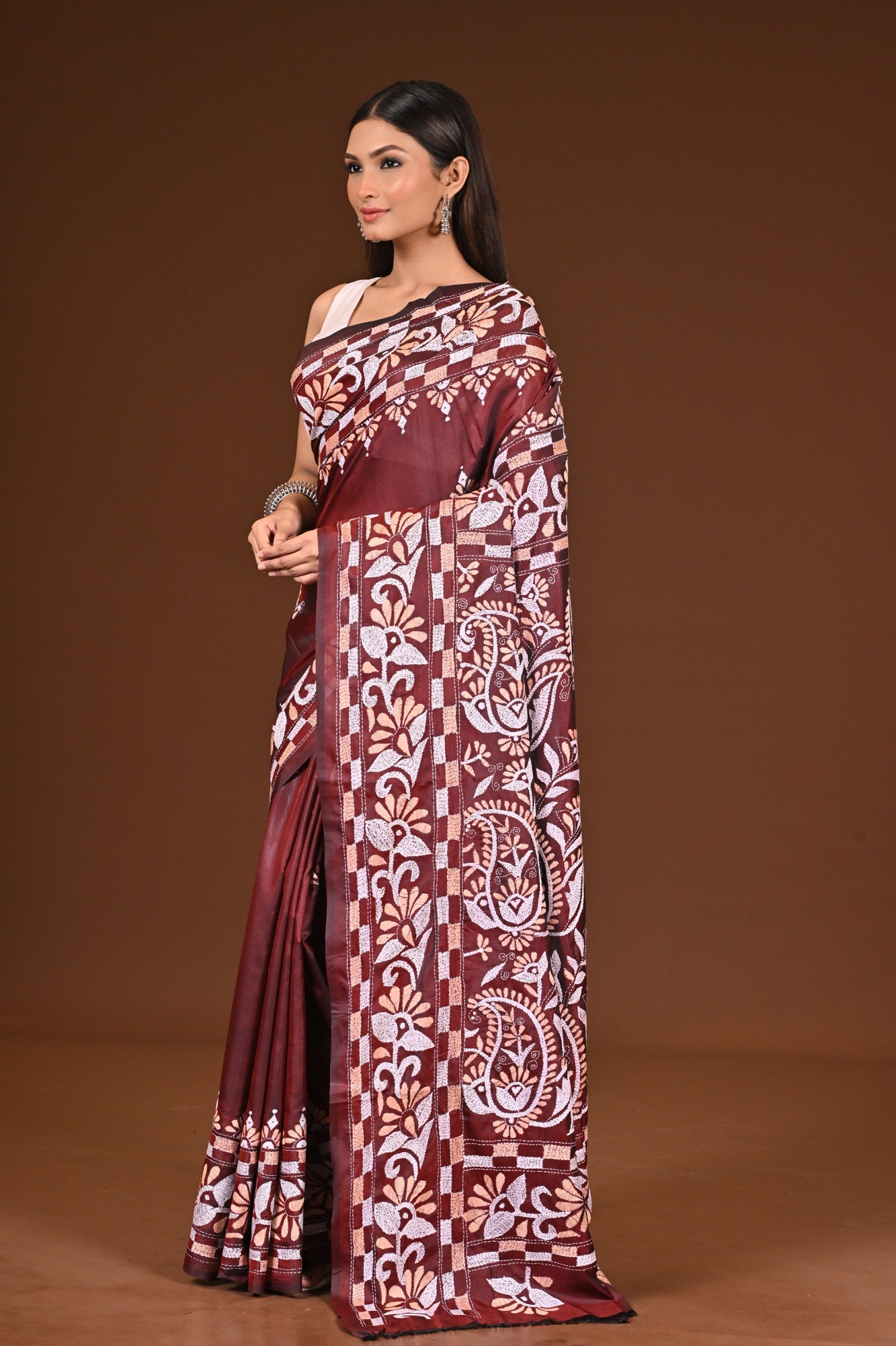 Blended Silk Kantha Stitch Saree Brown Thumbnail