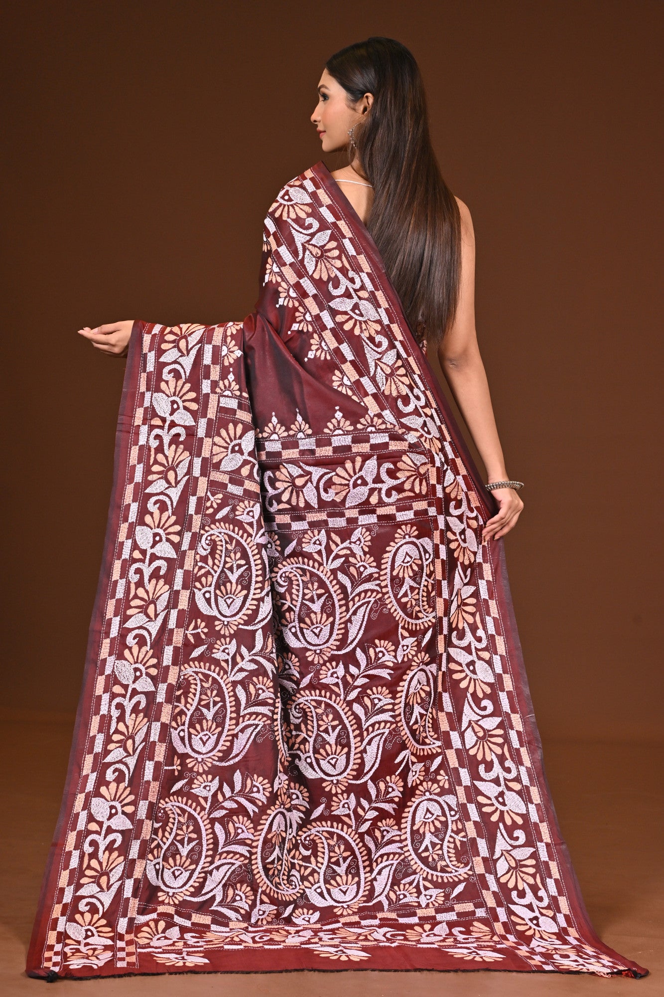 Blended Silk Kantha Stitch Saree Brown Thumbnail