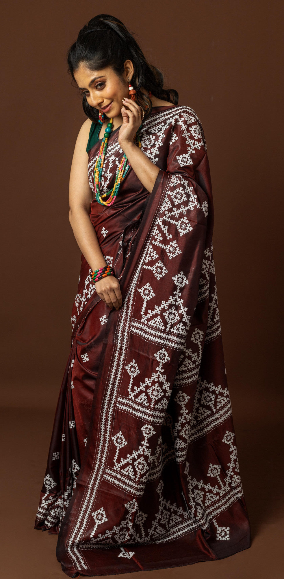 Blended Silk Kantha Stitch Saree Brown Thumbnail