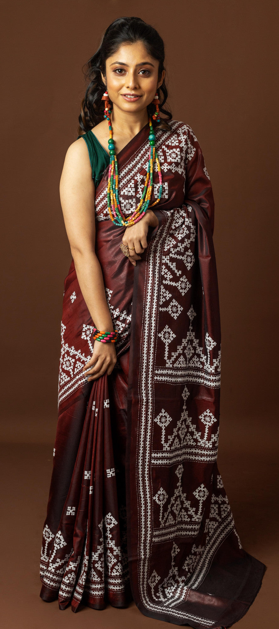Blended Silk Kantha Stitch Saree Brown Thumbnail