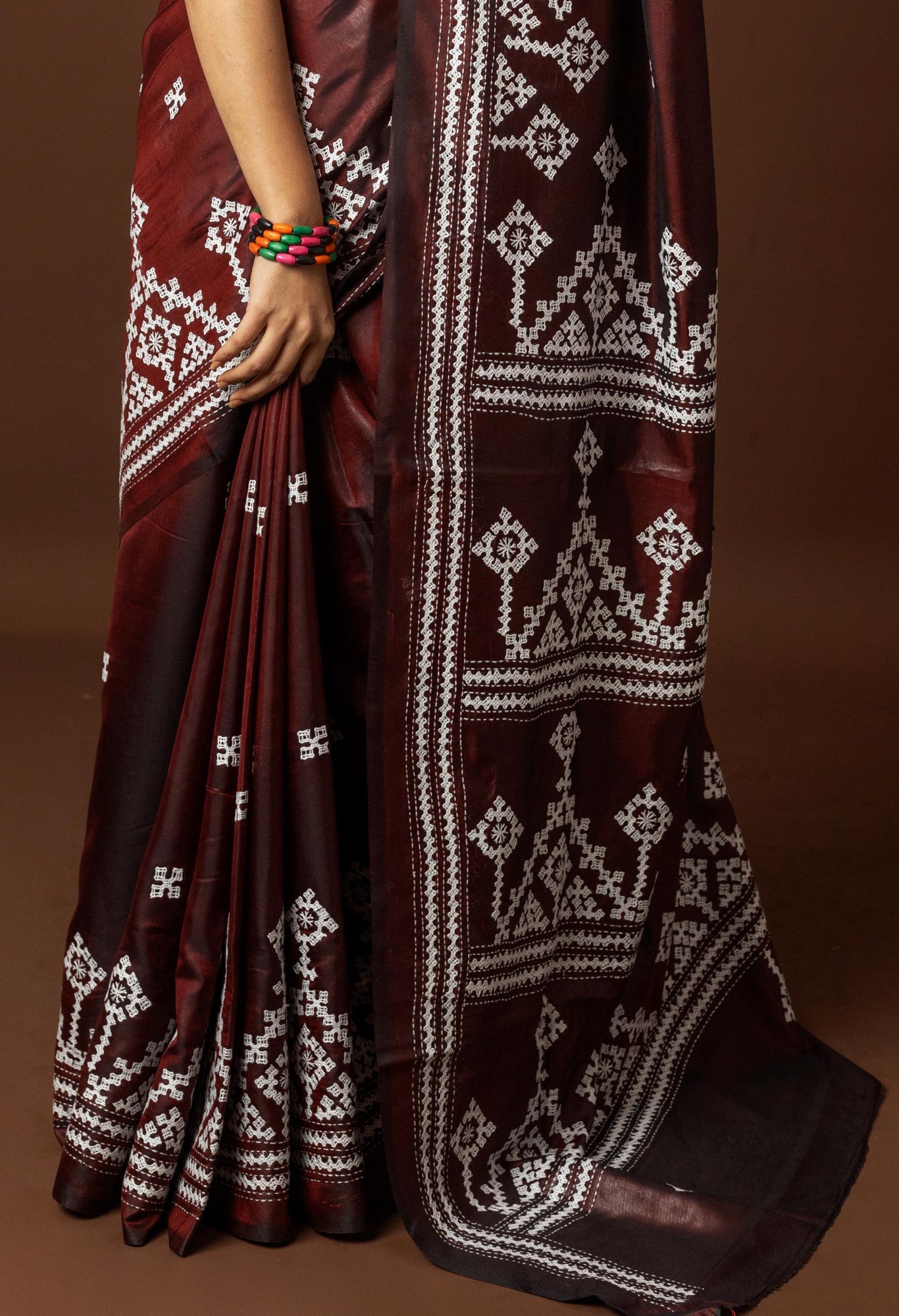 Blended Silk Kantha Stitch Saree Brown Thumbnail