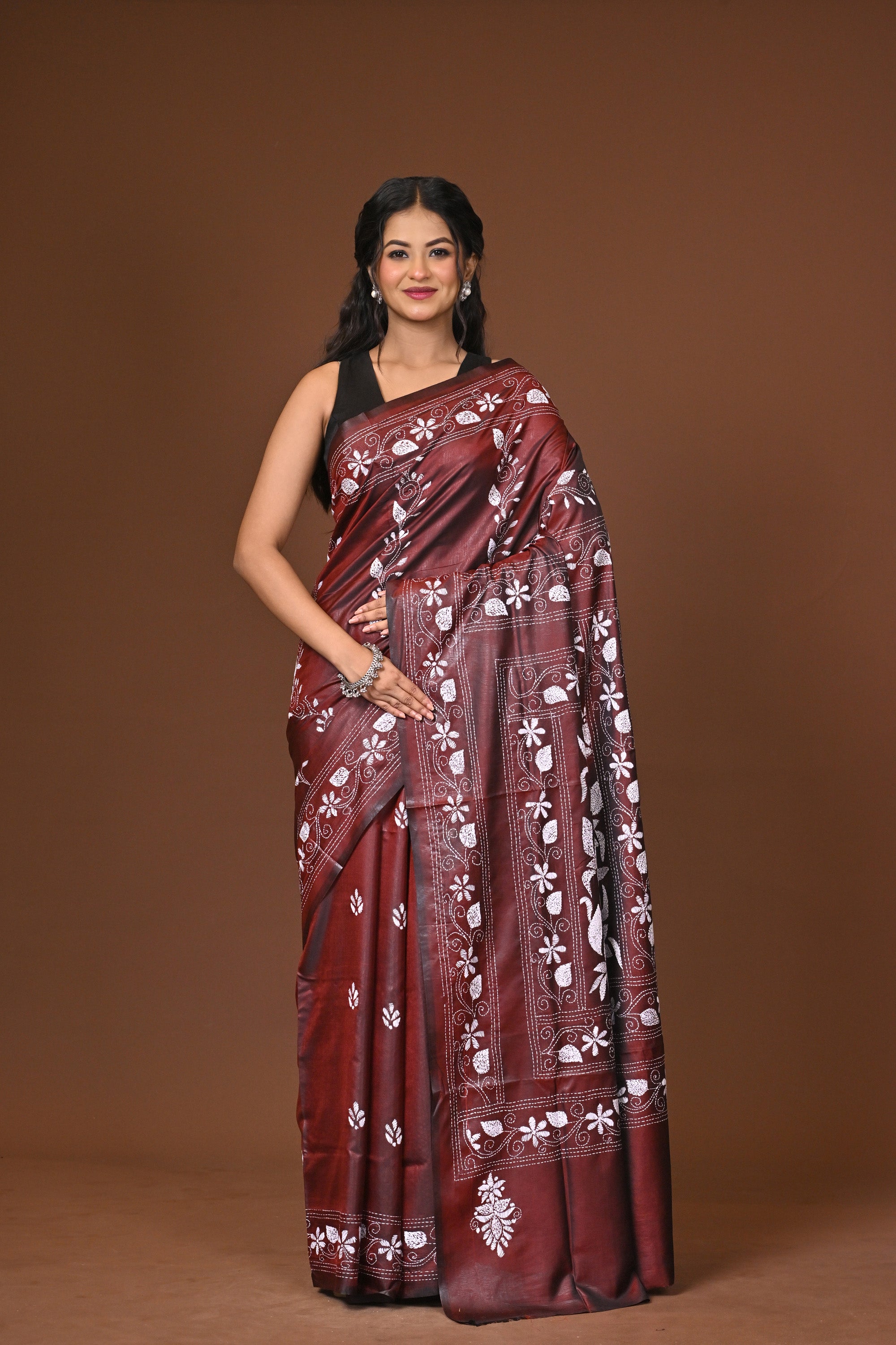Blended Silk Kantha Stitch Saree Brown