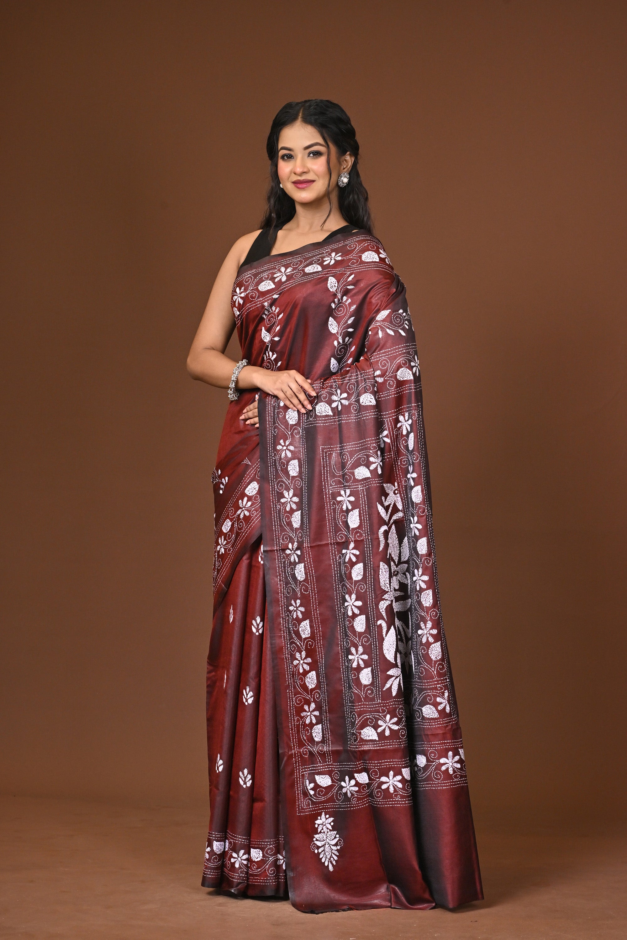Blended Silk Kantha Stitch Saree Brown Thumbnail