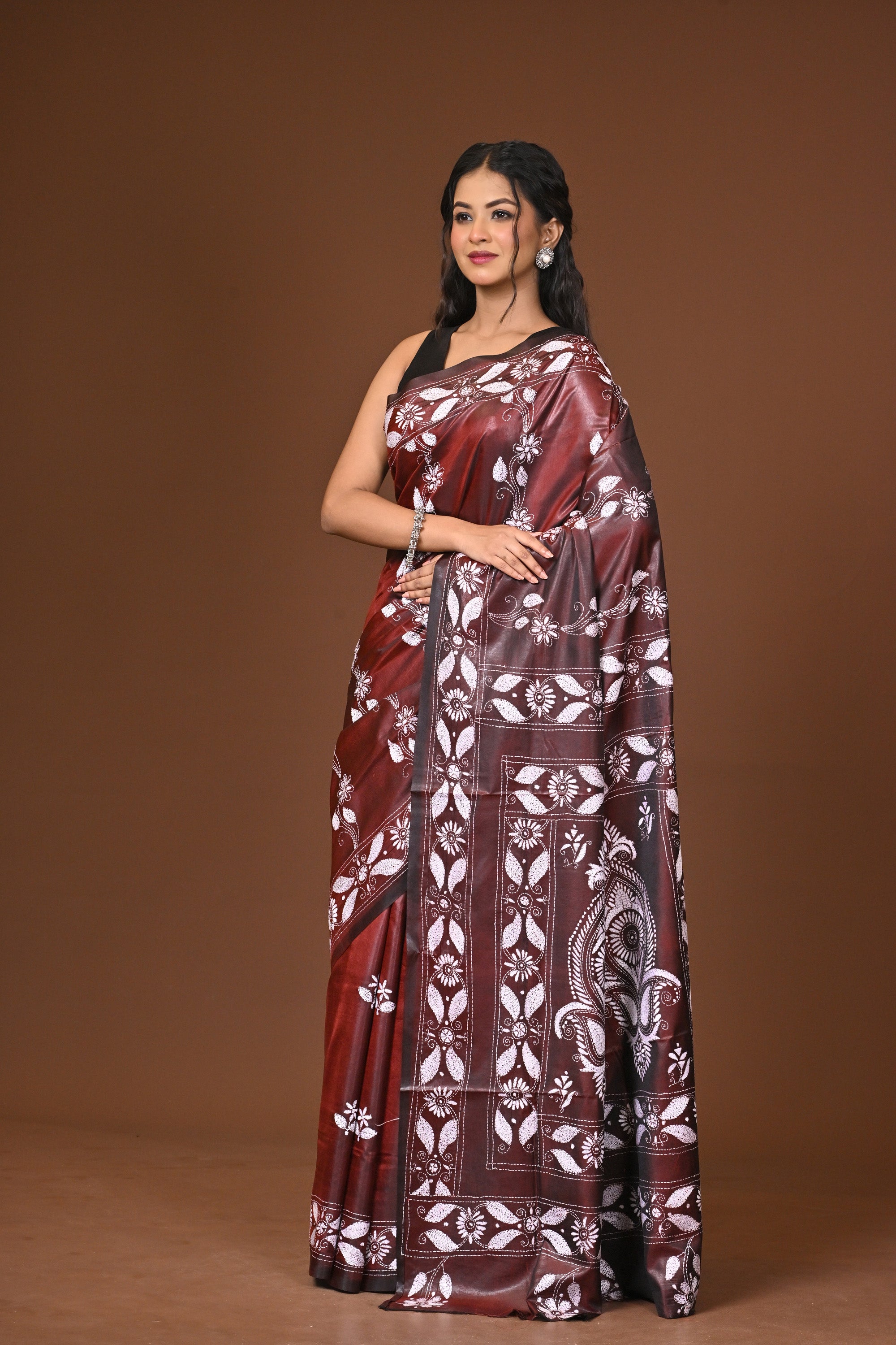 Blended Silk Kantha Stitch Saree Brown Thumbnail