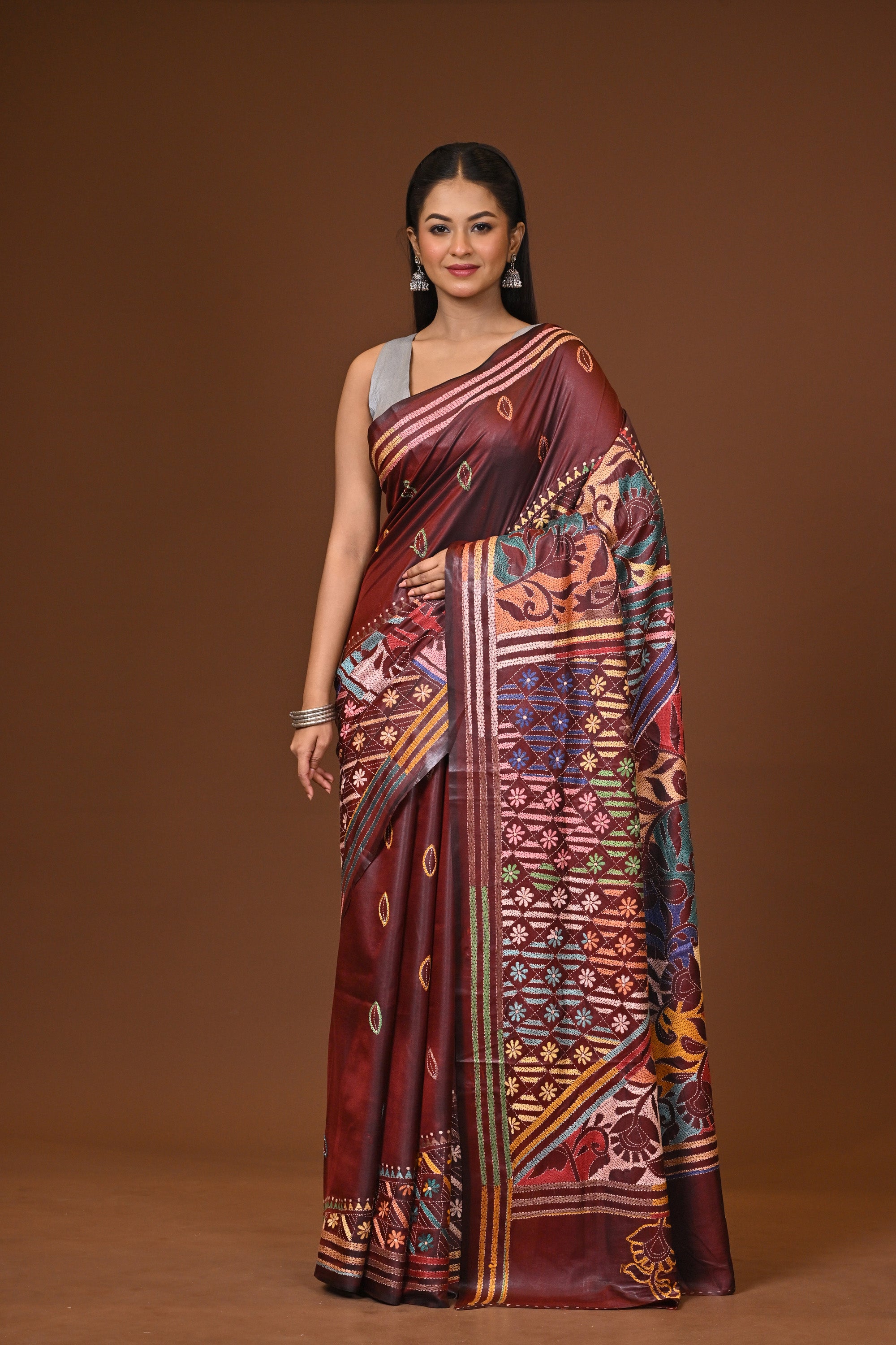 Blended Silk Kantha Stitch Saree Brown Thumbnail