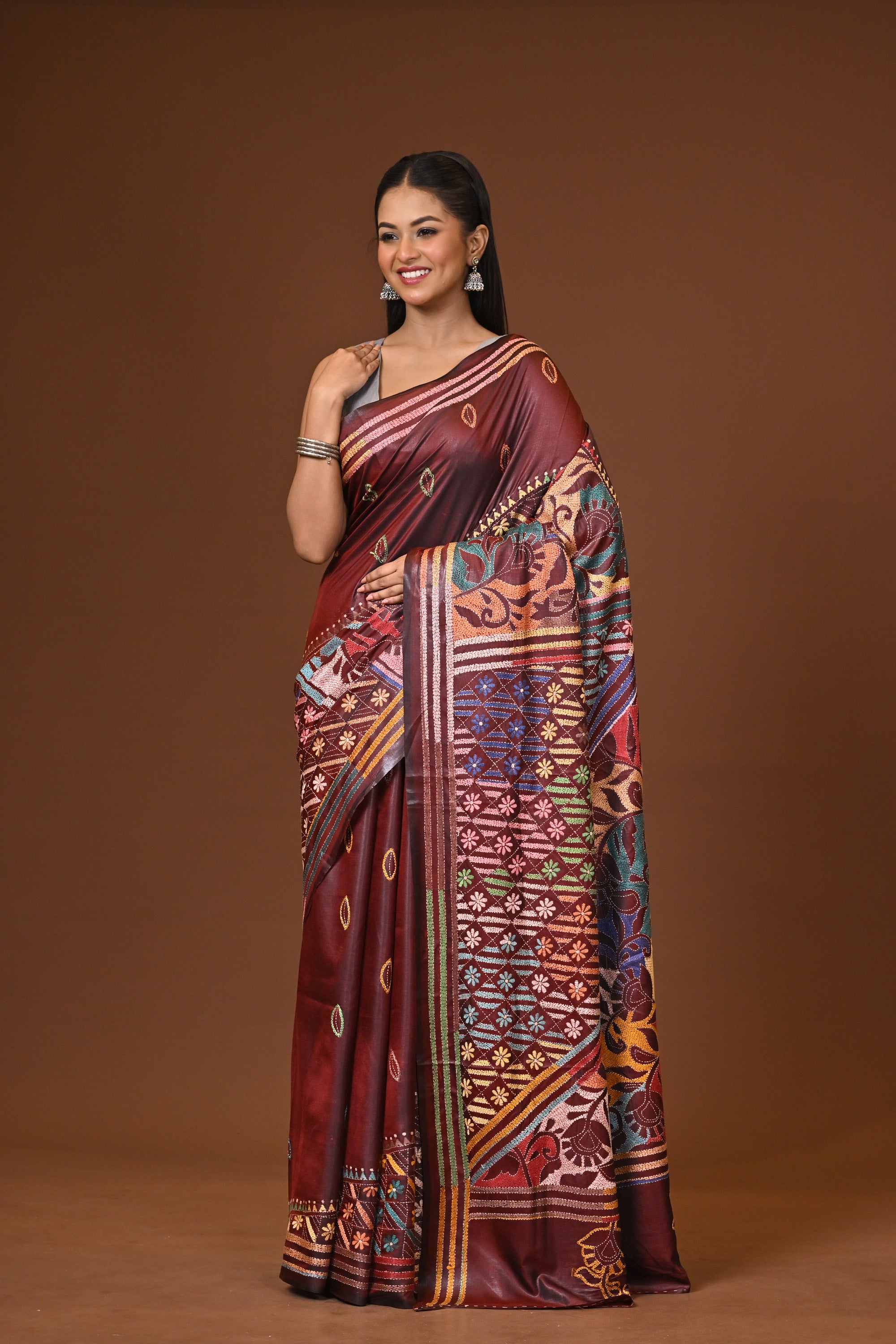 Blended Silk Kantha Stitch Saree Brown Thumbnail