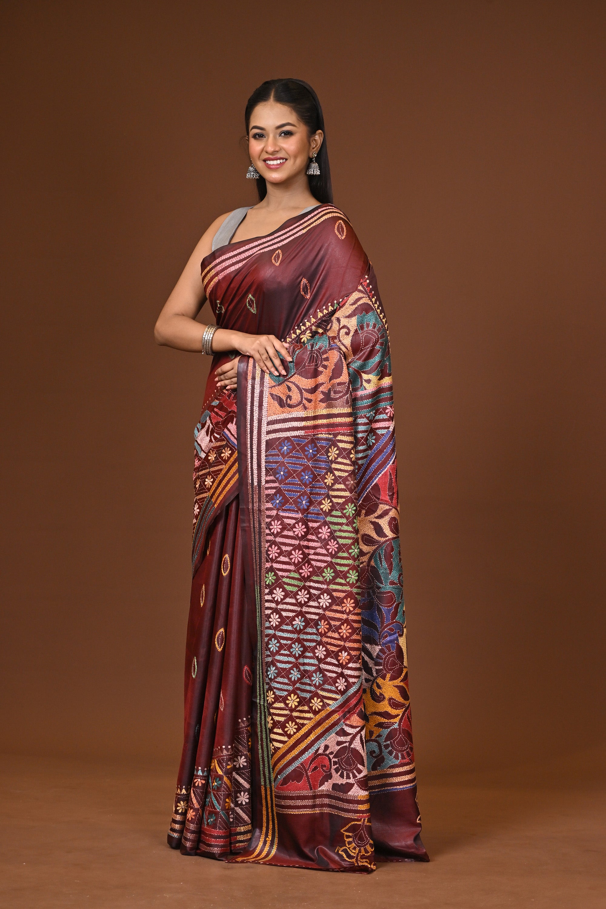 Blended Silk Kantha Stitch Saree Brown Thumbnail