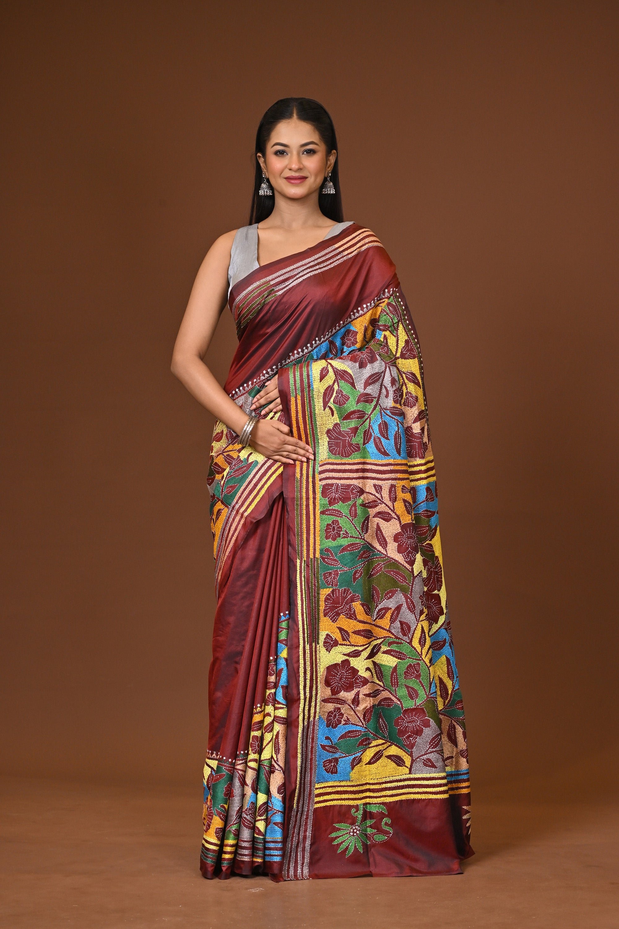 Blended Silk Kantha Stitch Saree Brown Thumbnail