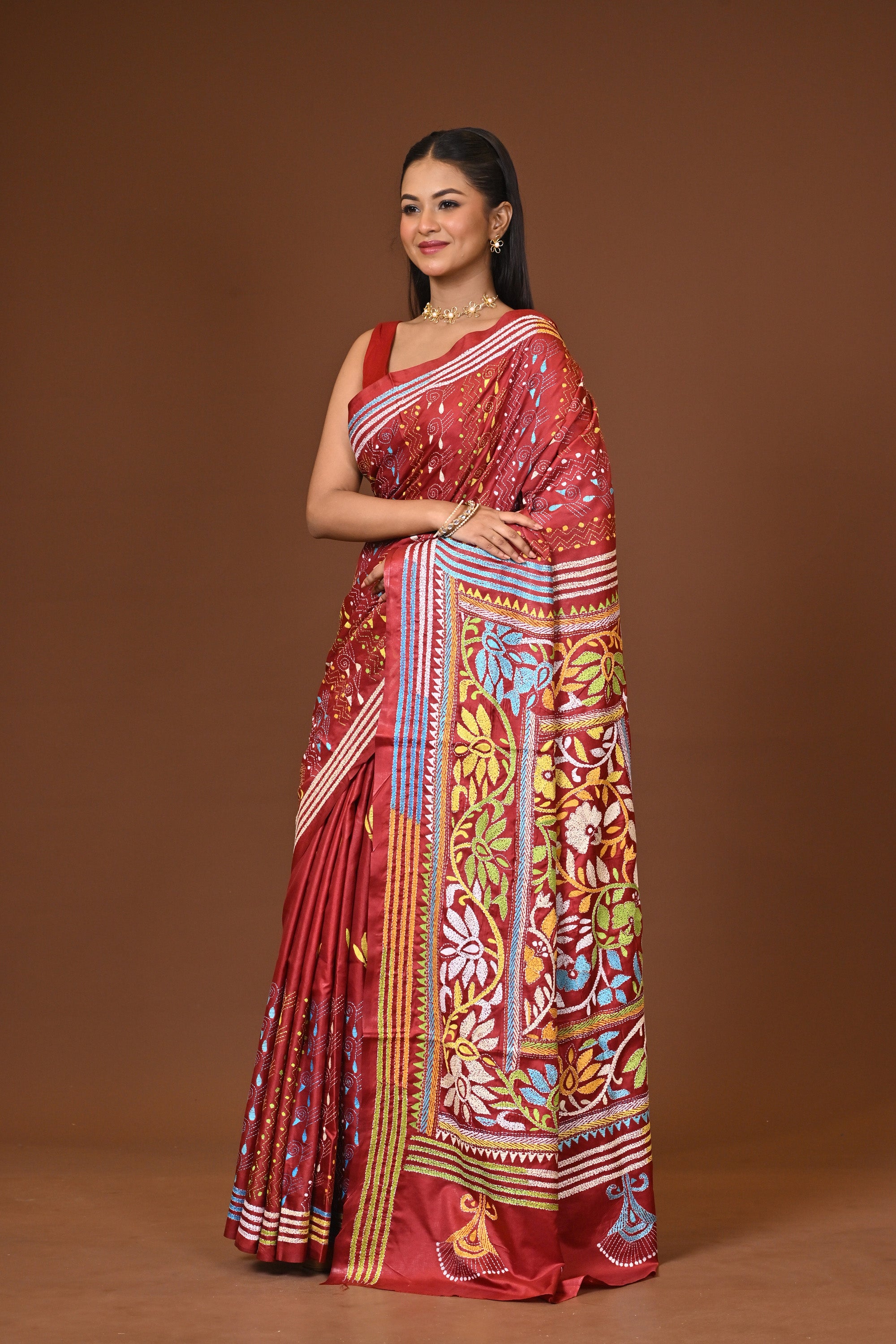 Blended Silk Kantha Stitch Saree Brown Thumbnail