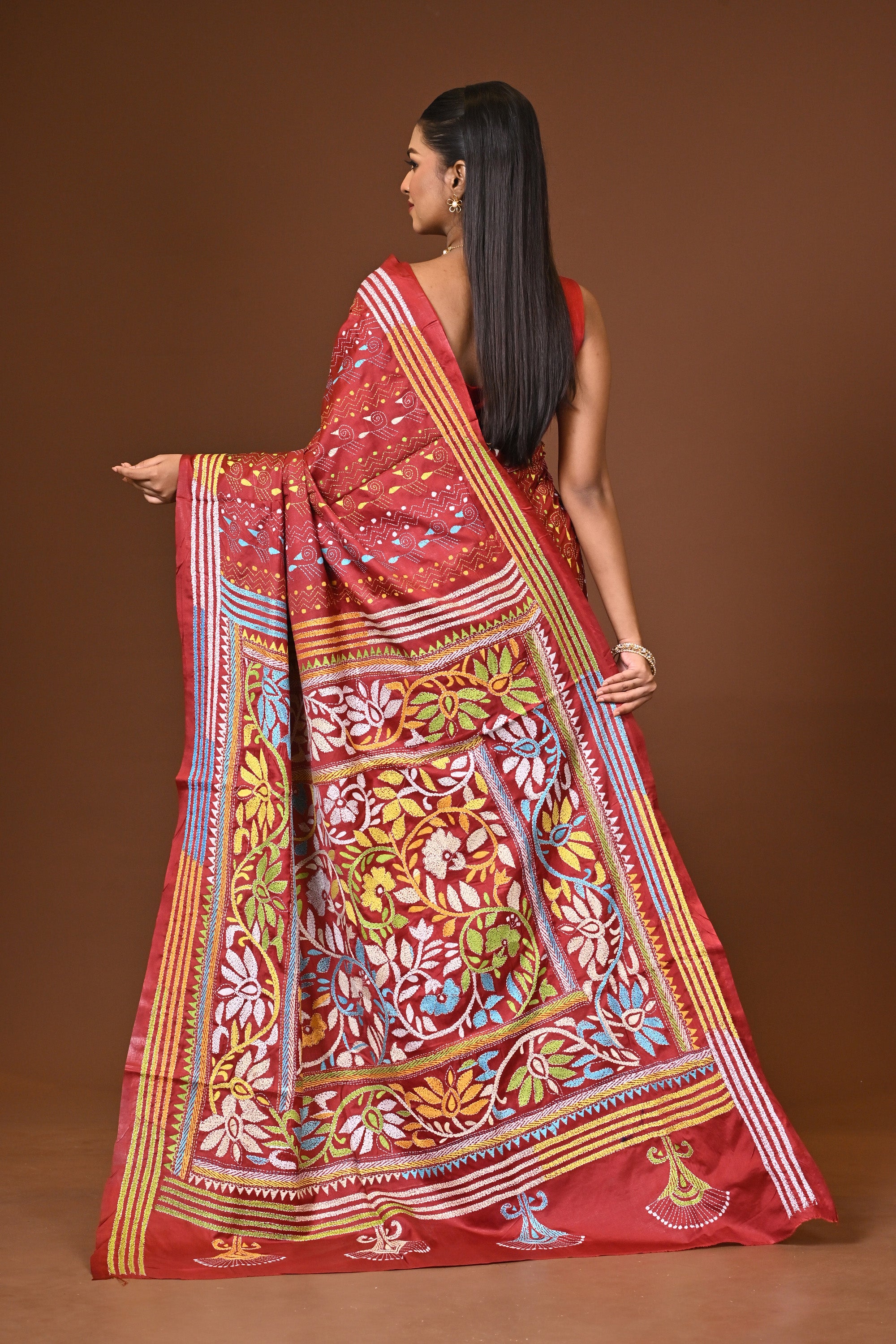 Blended Silk Kantha Stitch Saree Brown Thumbnail