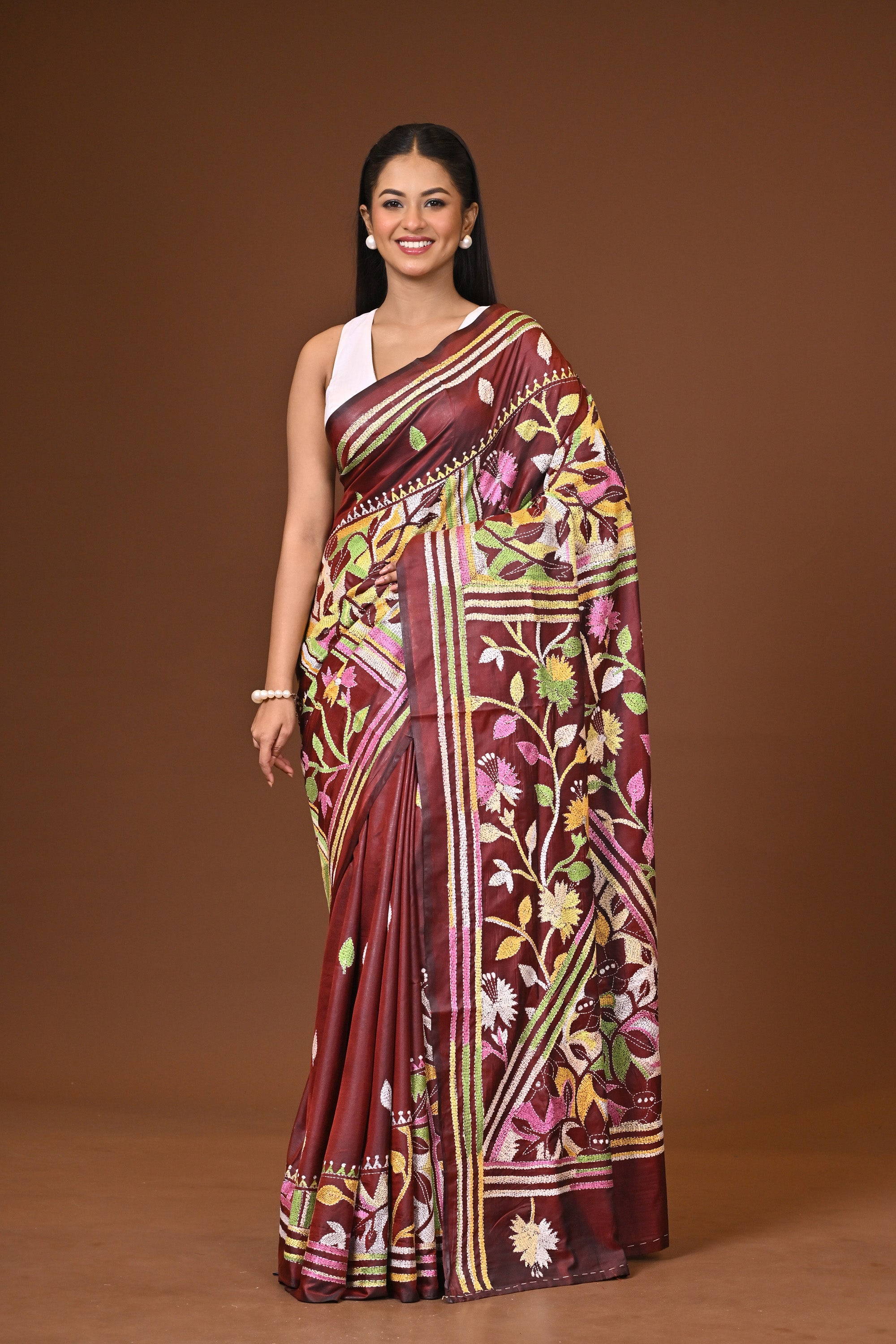 Blended Silk Kantha Stitch Saree Brown