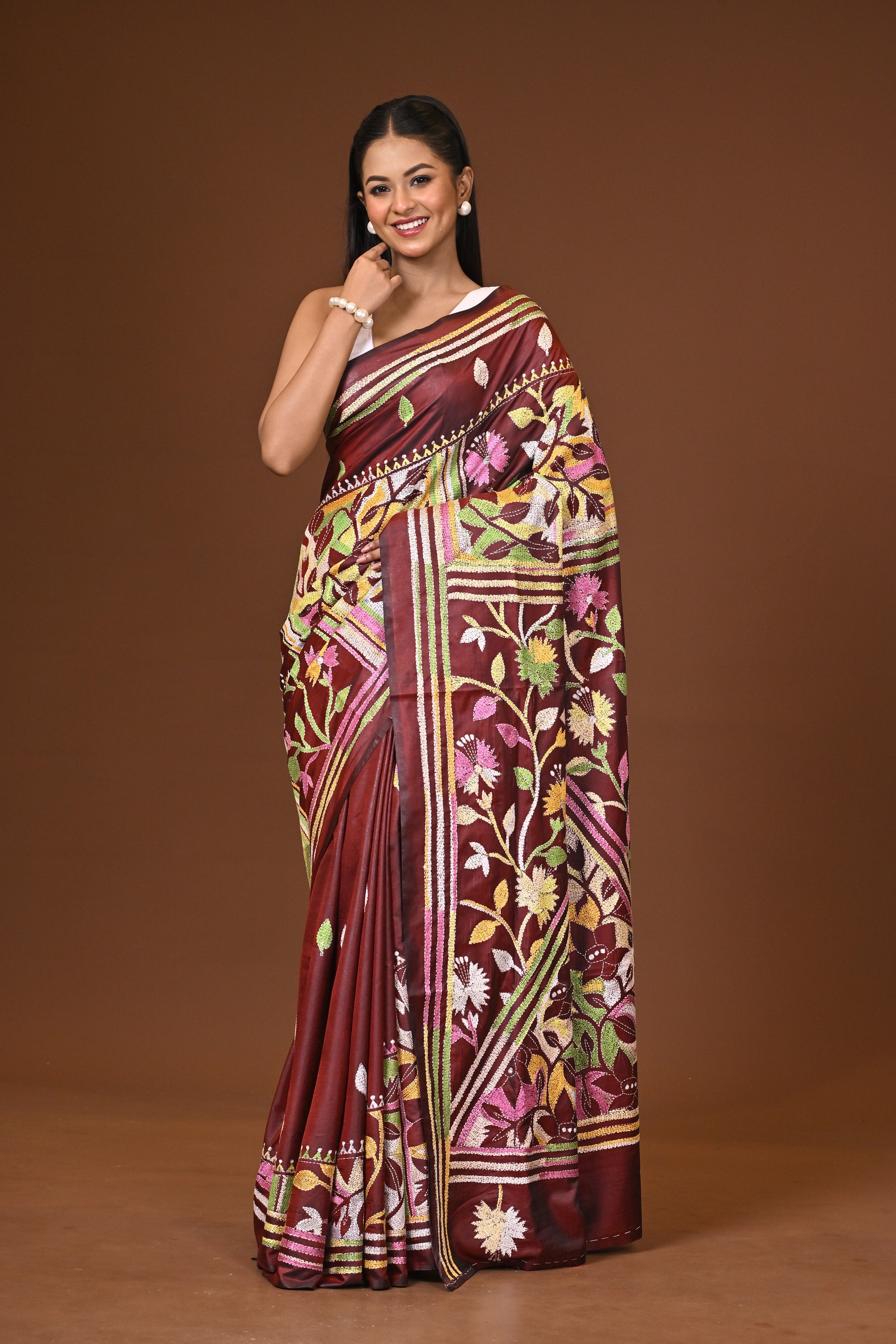 Blended Silk Kantha Stitch Saree Brown Thumbnail