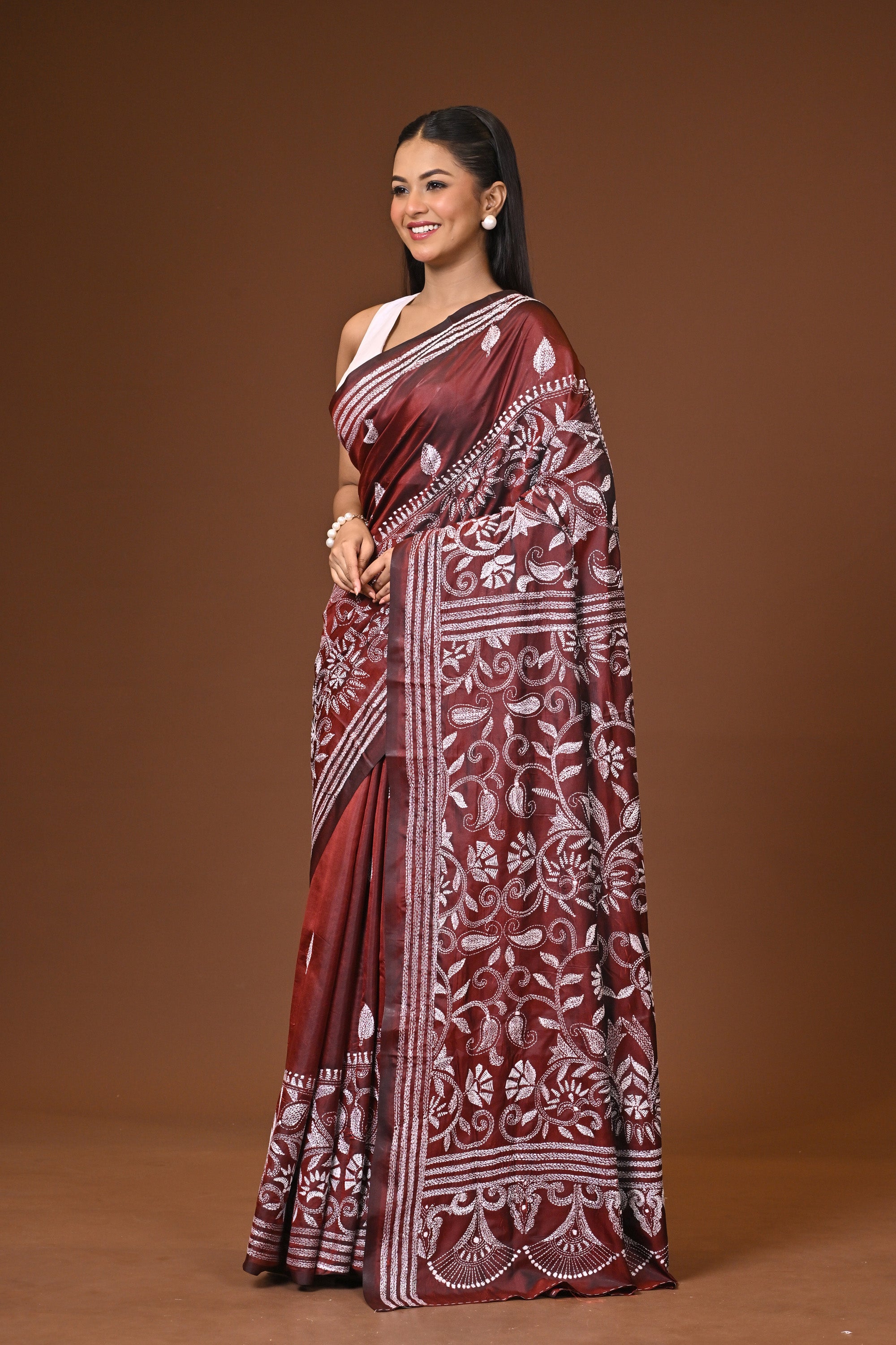 Blended Silk Kantha Stitch Saree Brown Thumbnail