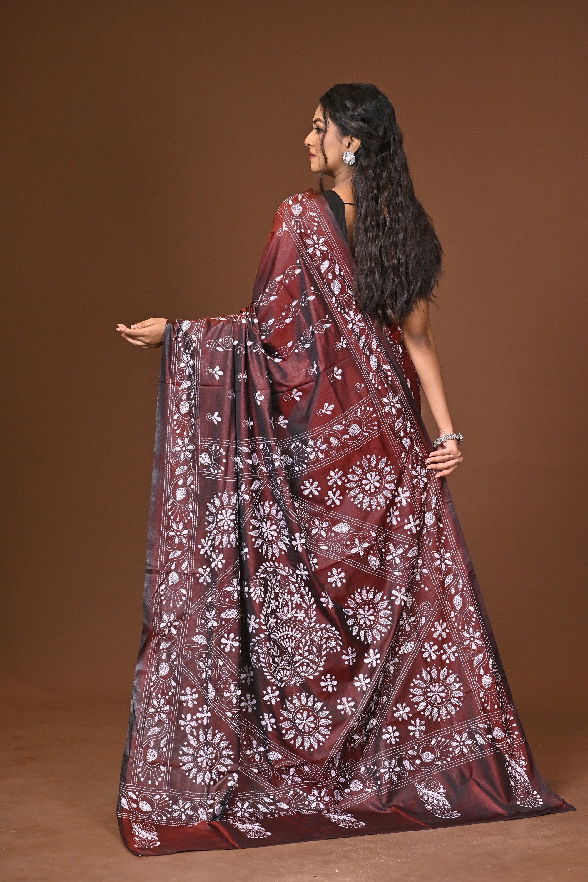 Blended Silk Kantha Stitch Saree Brown Thumbnail