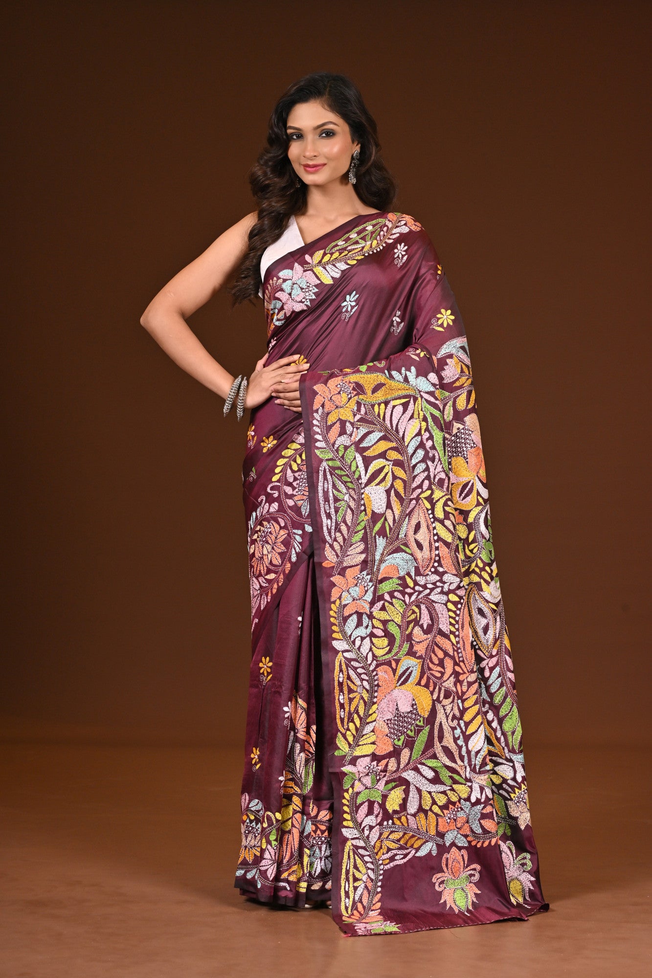 Blended Silk Kantha Stitch Saree Chocolate Truffle Thumbnail