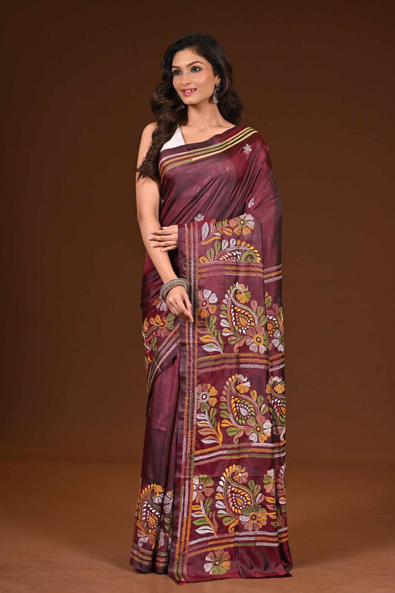 Blended Silk Kantha Stitch Saree Chocolate Truffle Thumbnail