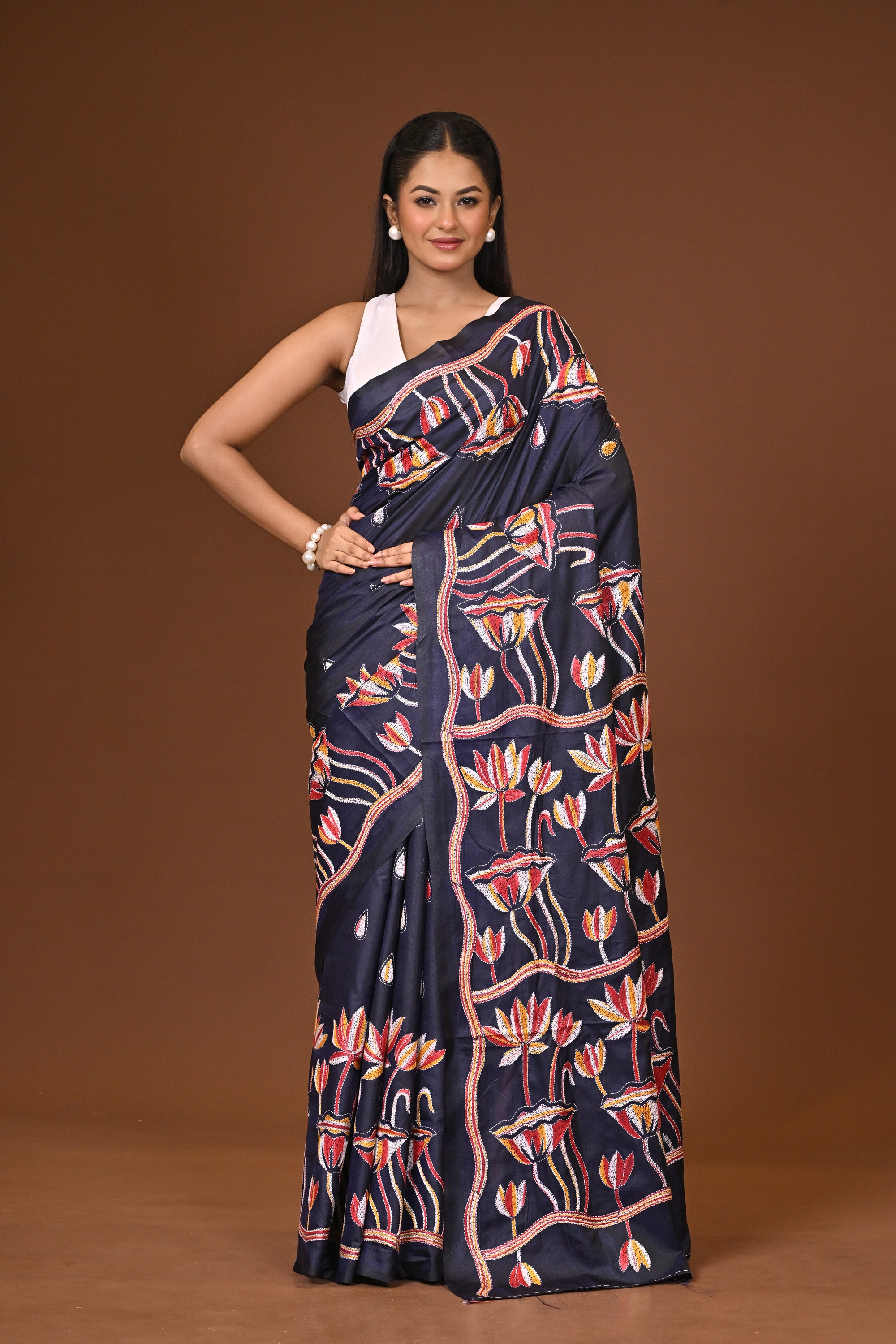 Blended Silk Kantha Stitch Saree Dark Blue Thumbnail