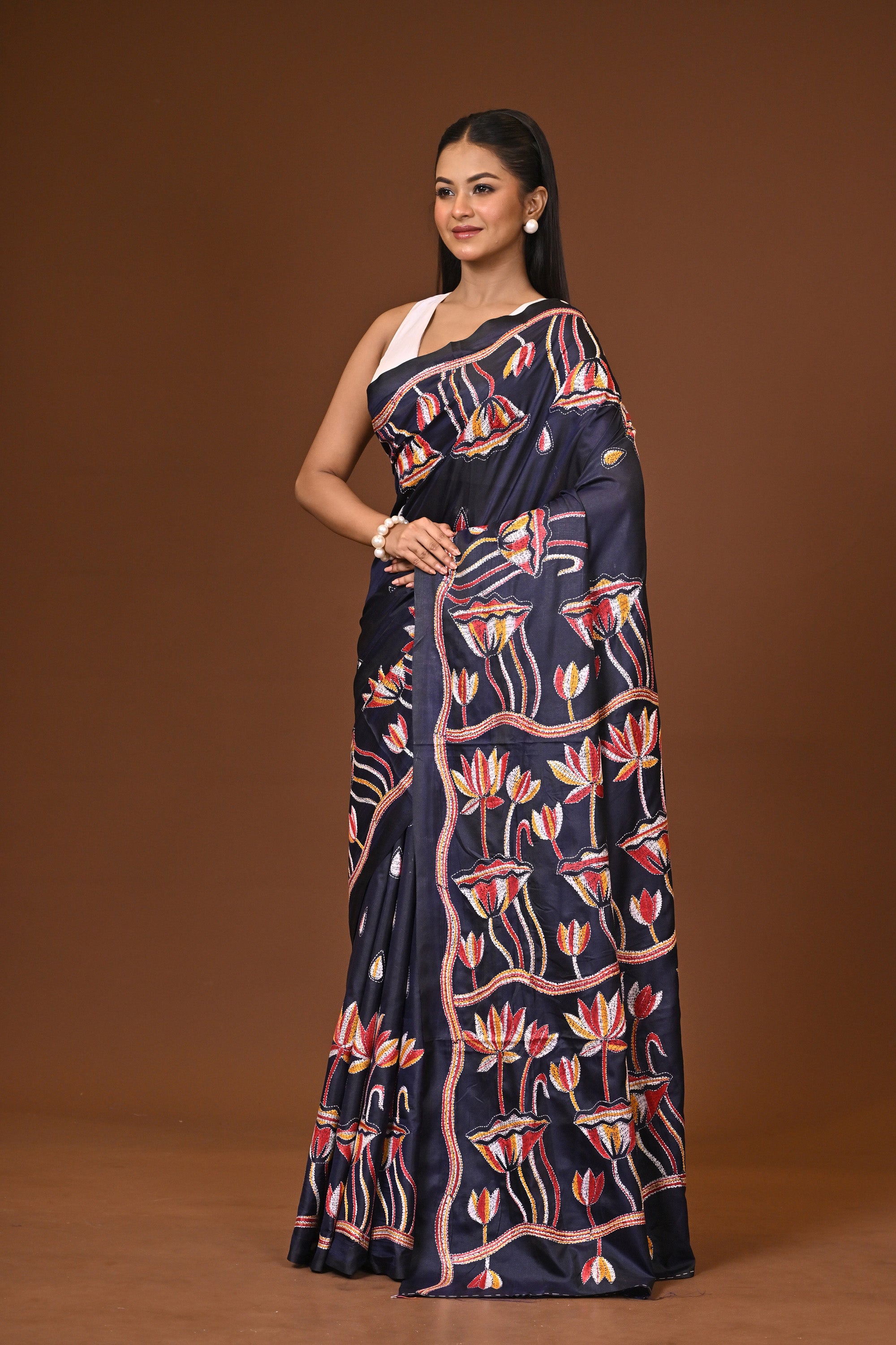Blended Silk Kantha Stitch Saree Brown Thumbnail