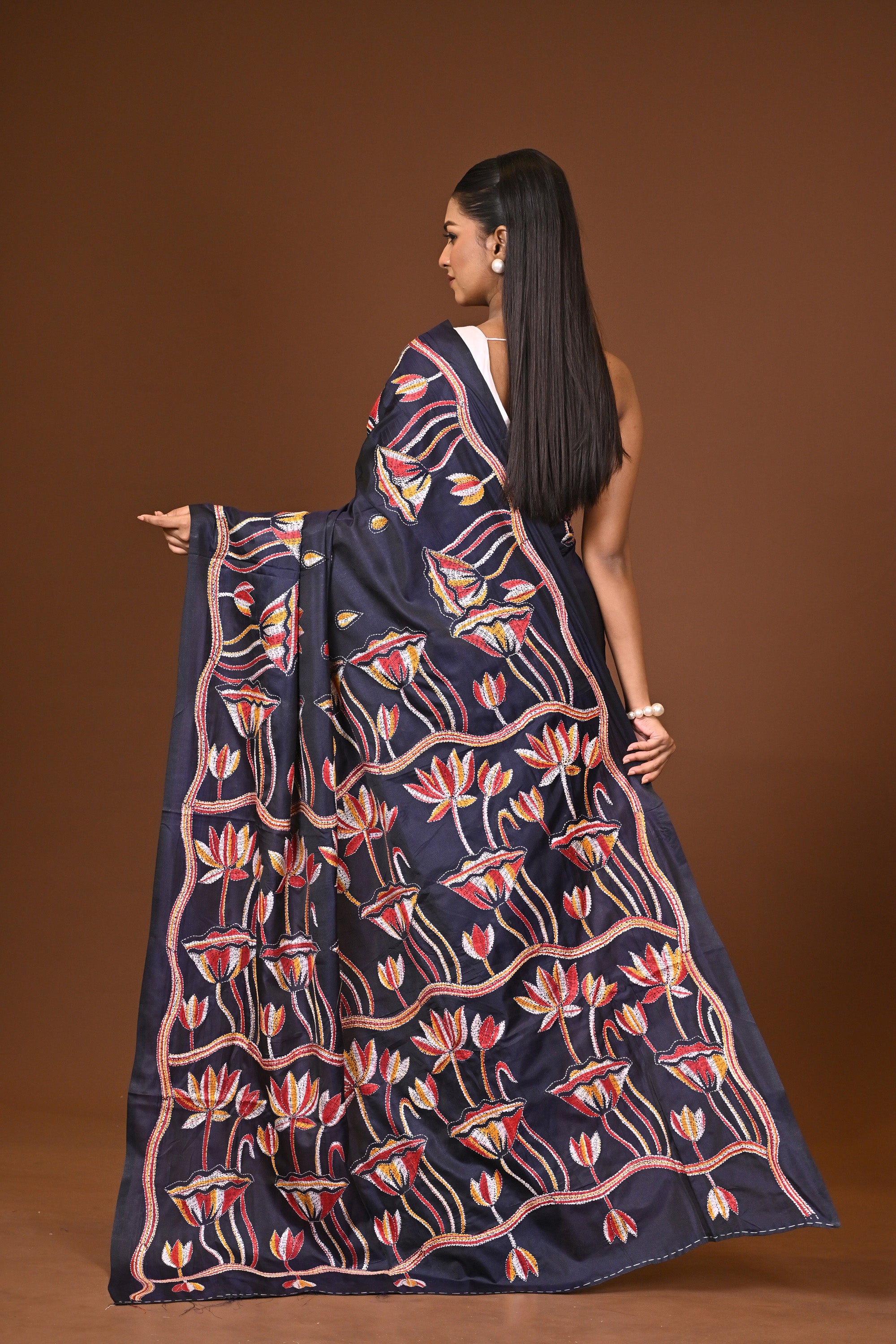 Blended Silk Kantha Stitch Saree Dark Blue Thumbnail