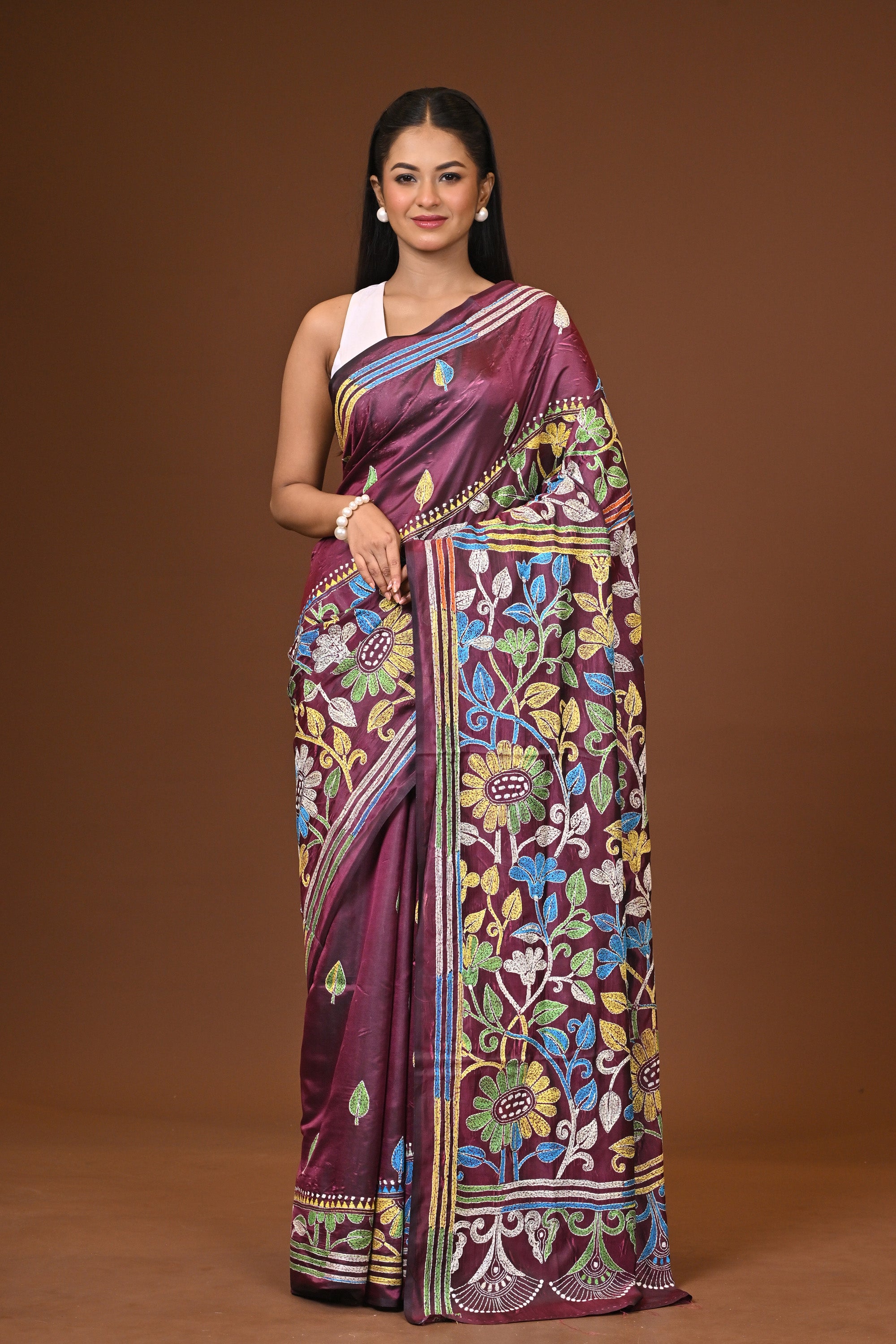 Blended Silk Kantha Stitch Saree Deep Wine