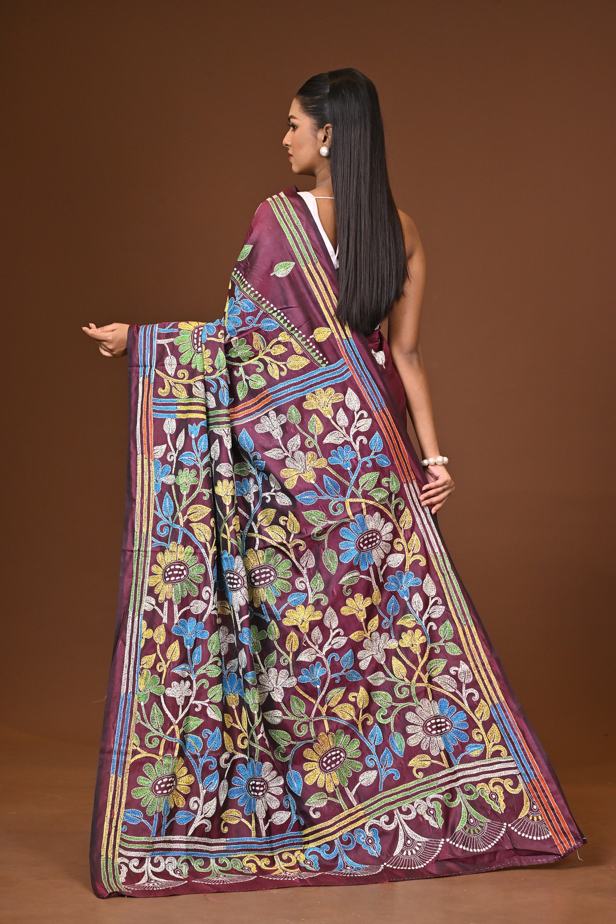 Blended Silk Kantha Stitch Saree Deep Wine Thumbnail