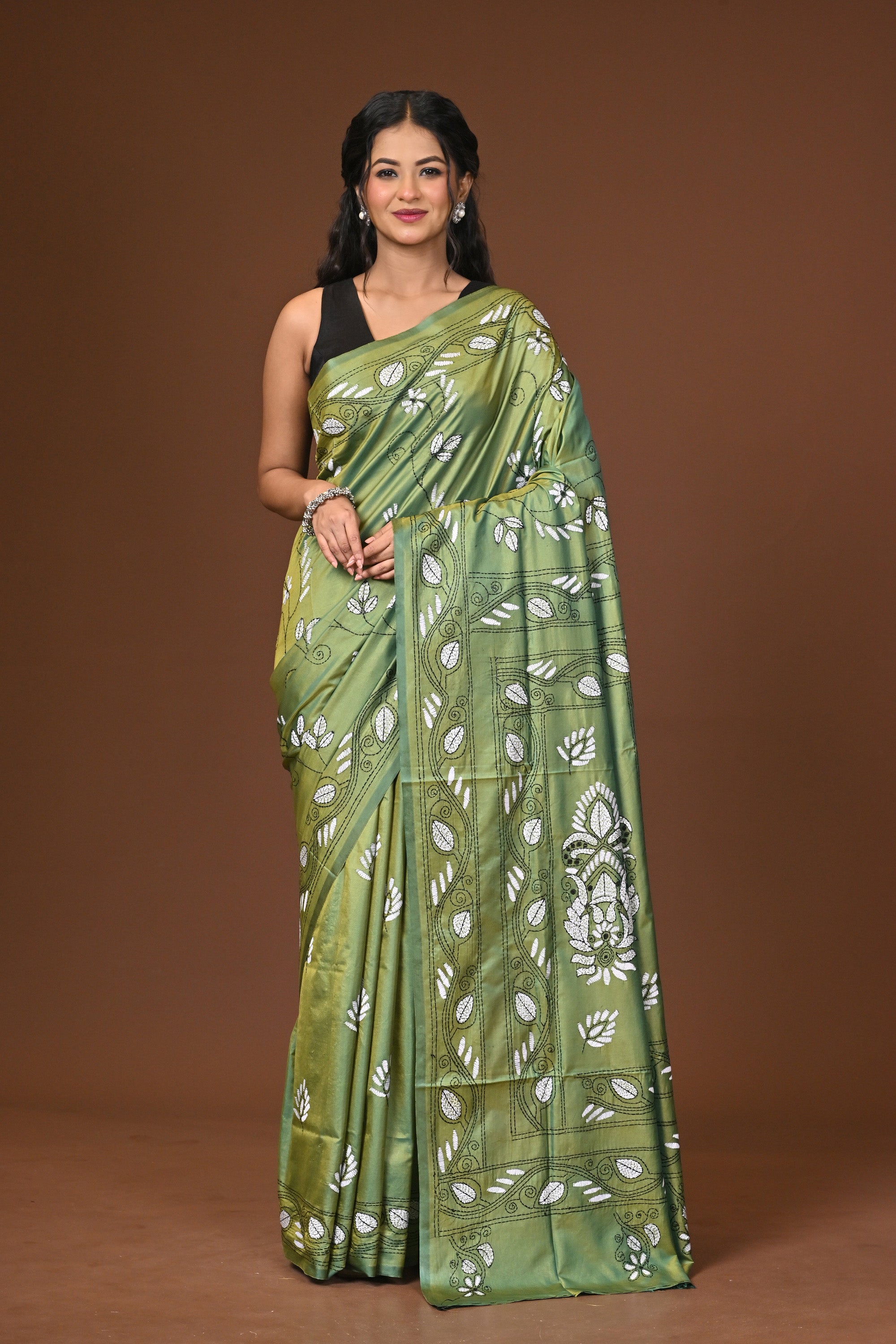 Blended Silk Kantha Stitch Saree Green