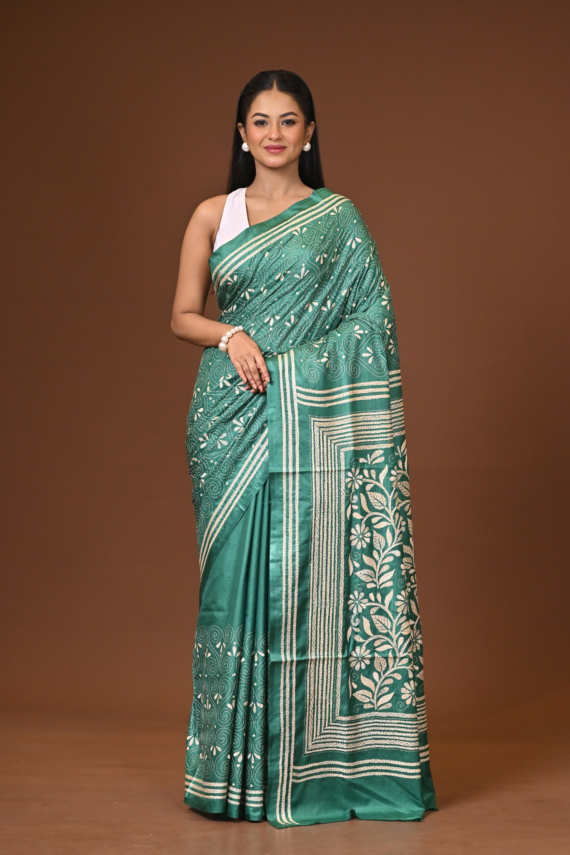 Blended Silk Kantha Stitch Saree Green