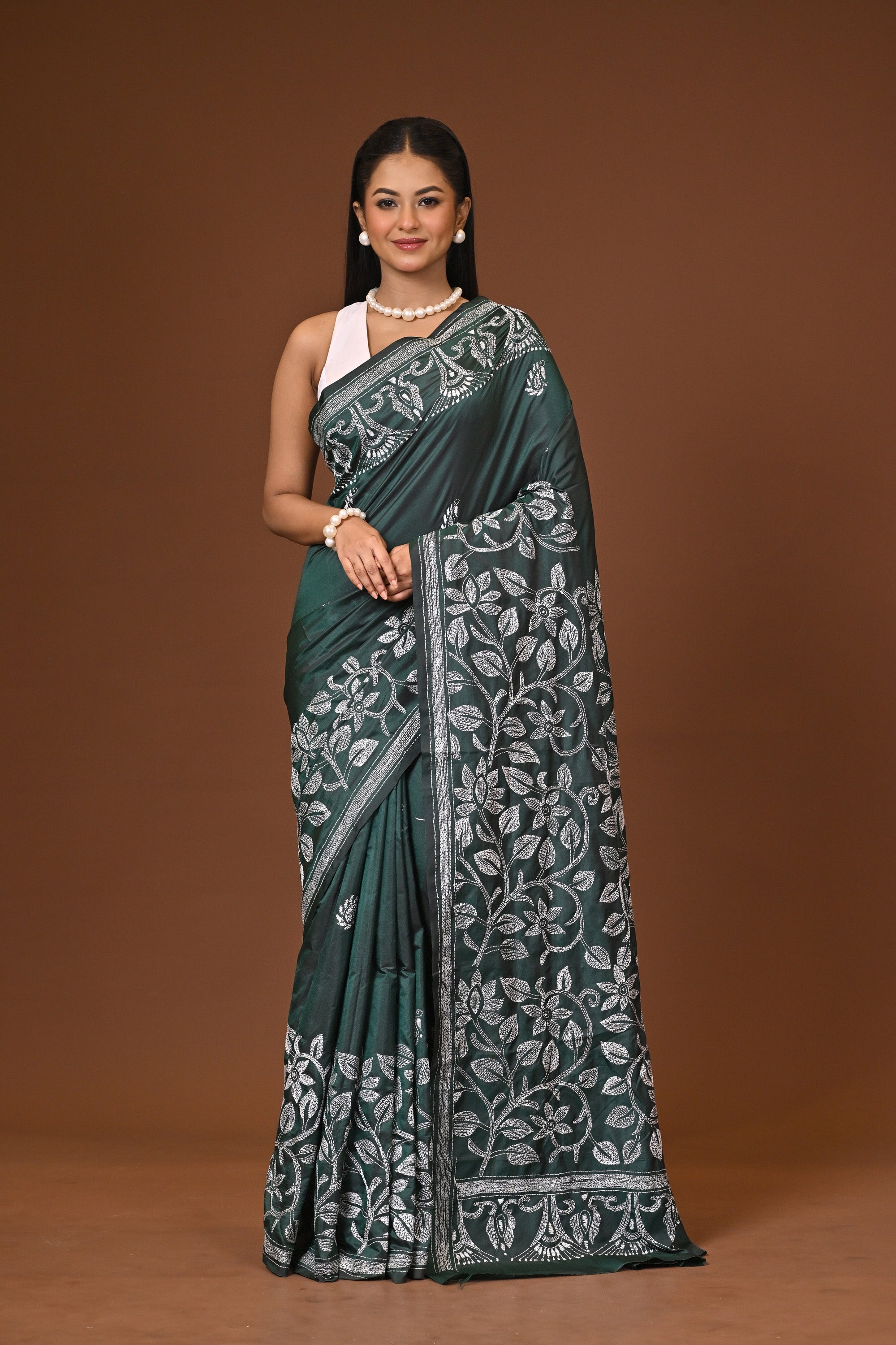 Blended Silk Kantha Stitch Saree Green