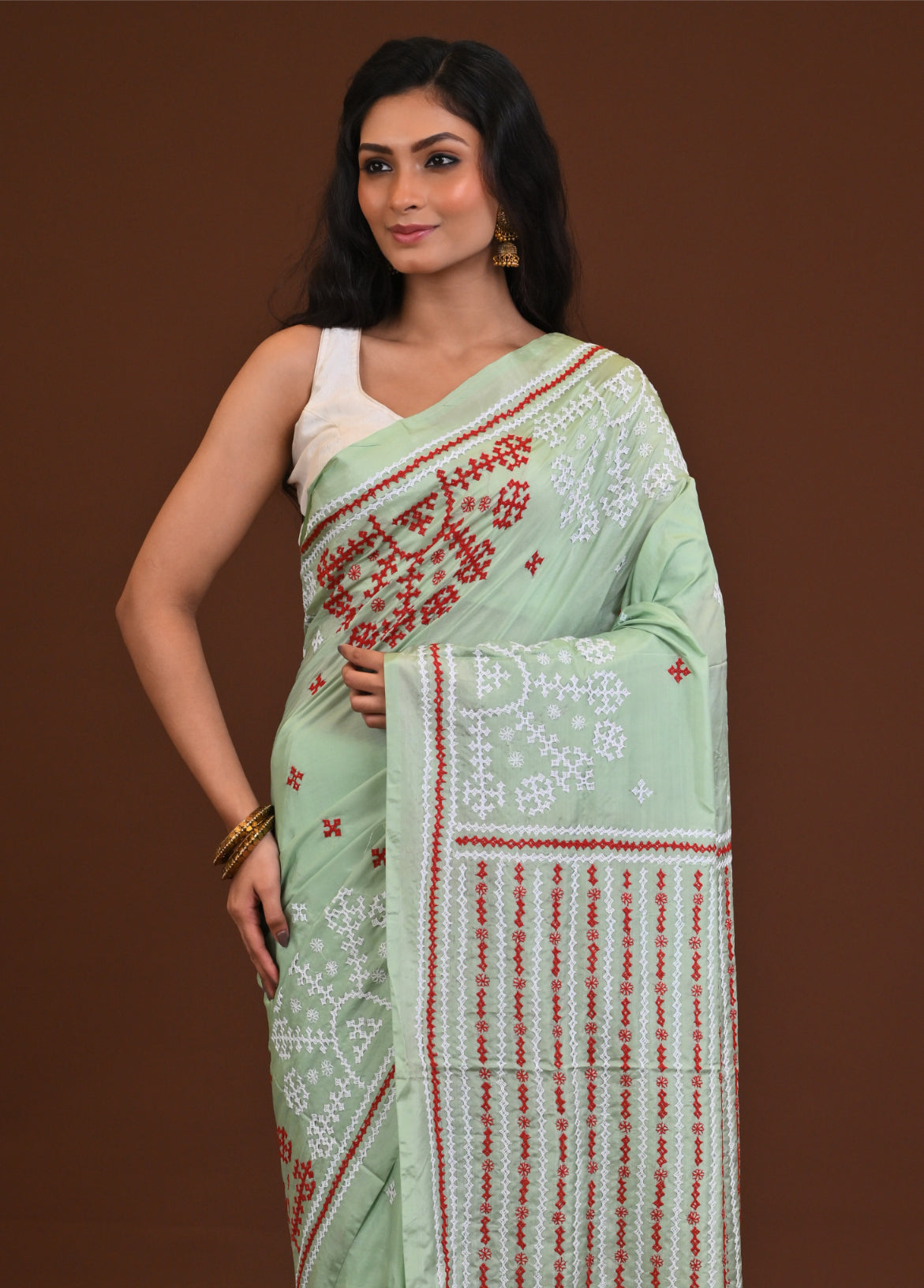 Blended Silk Kantha Stitch Saree Green