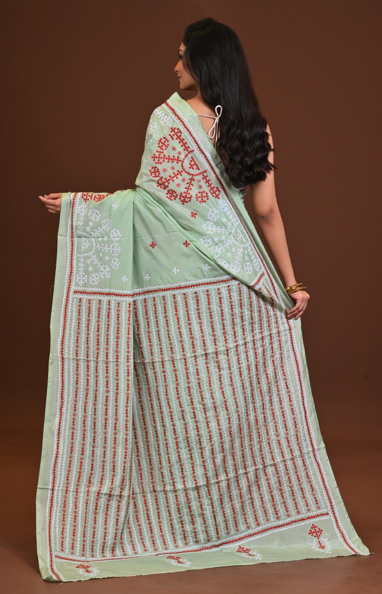 Blended Silk Kantha Stitch Saree Green Thumbnail