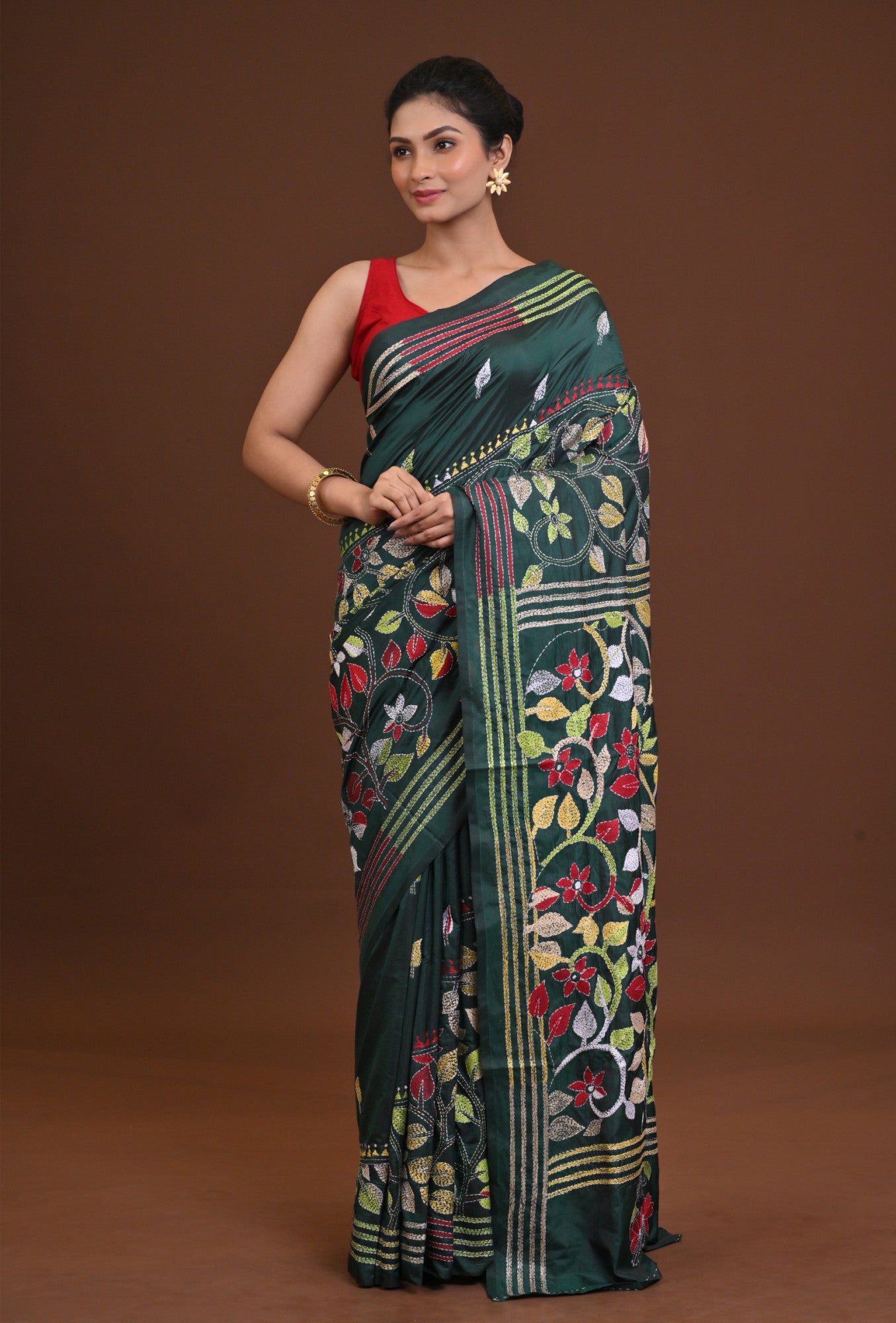 Blended Silk Kantha Stitch Saree Green Thumbnail