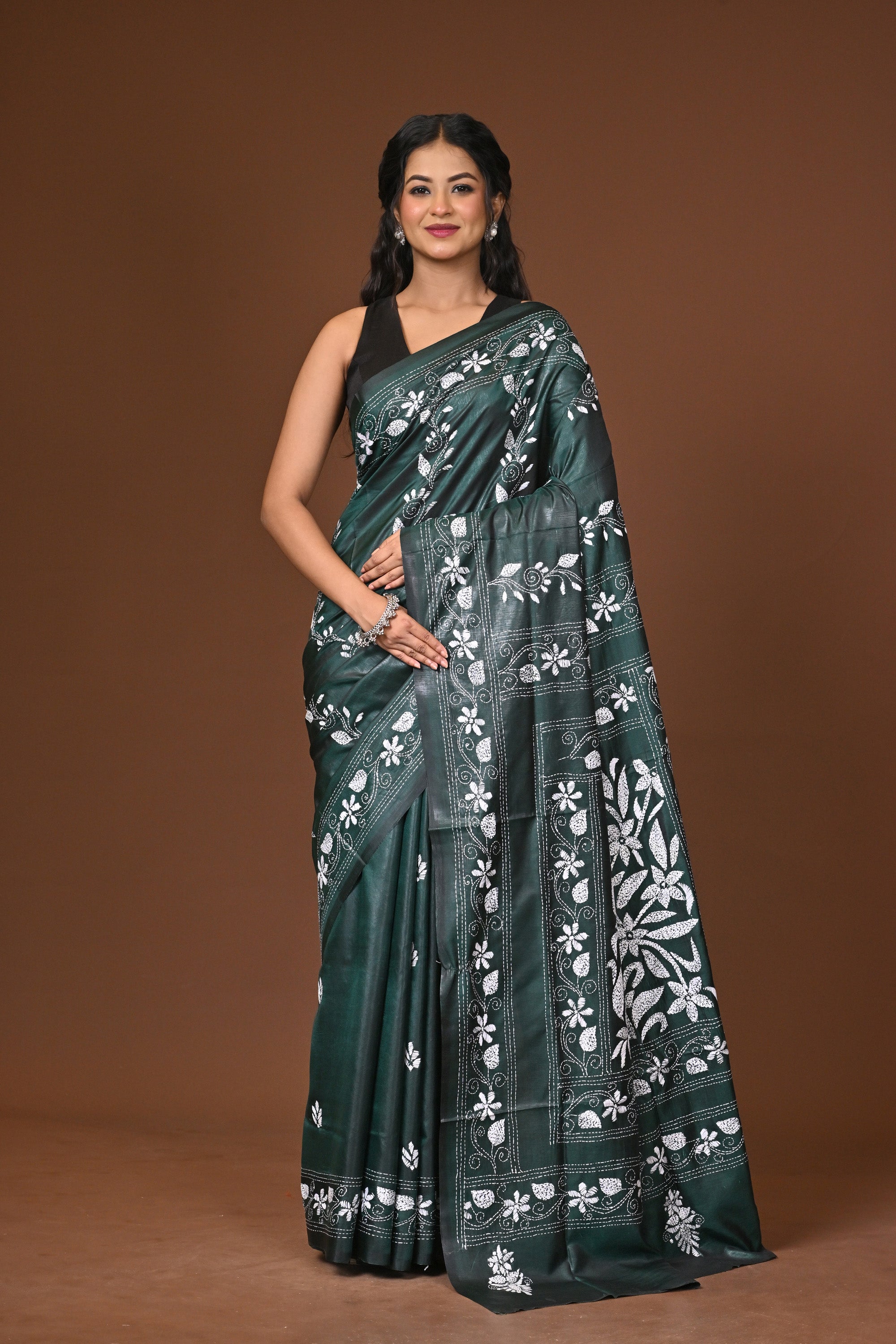Blended Silk Kantha Stitch Saree Green
