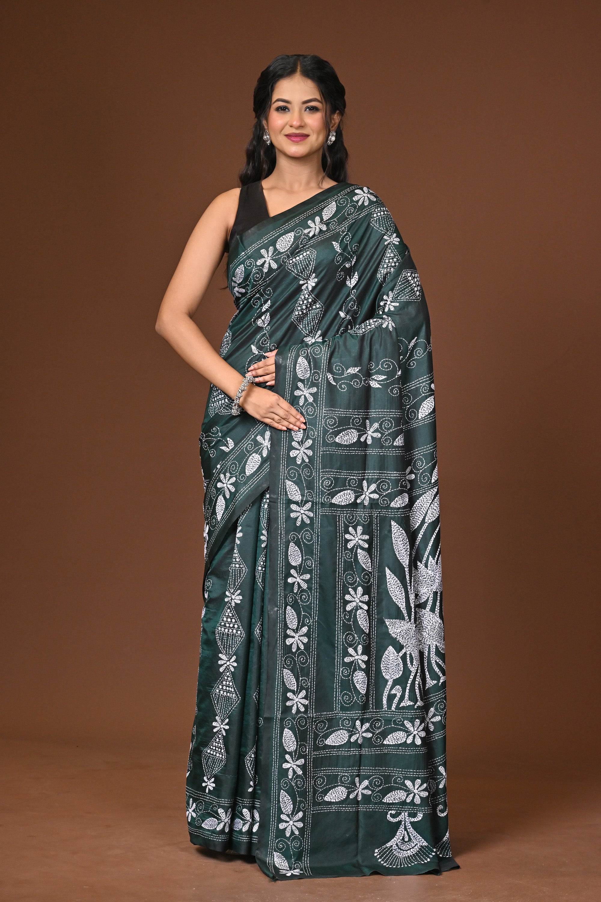 Blended Silk Kantha Stitch Saree Green
