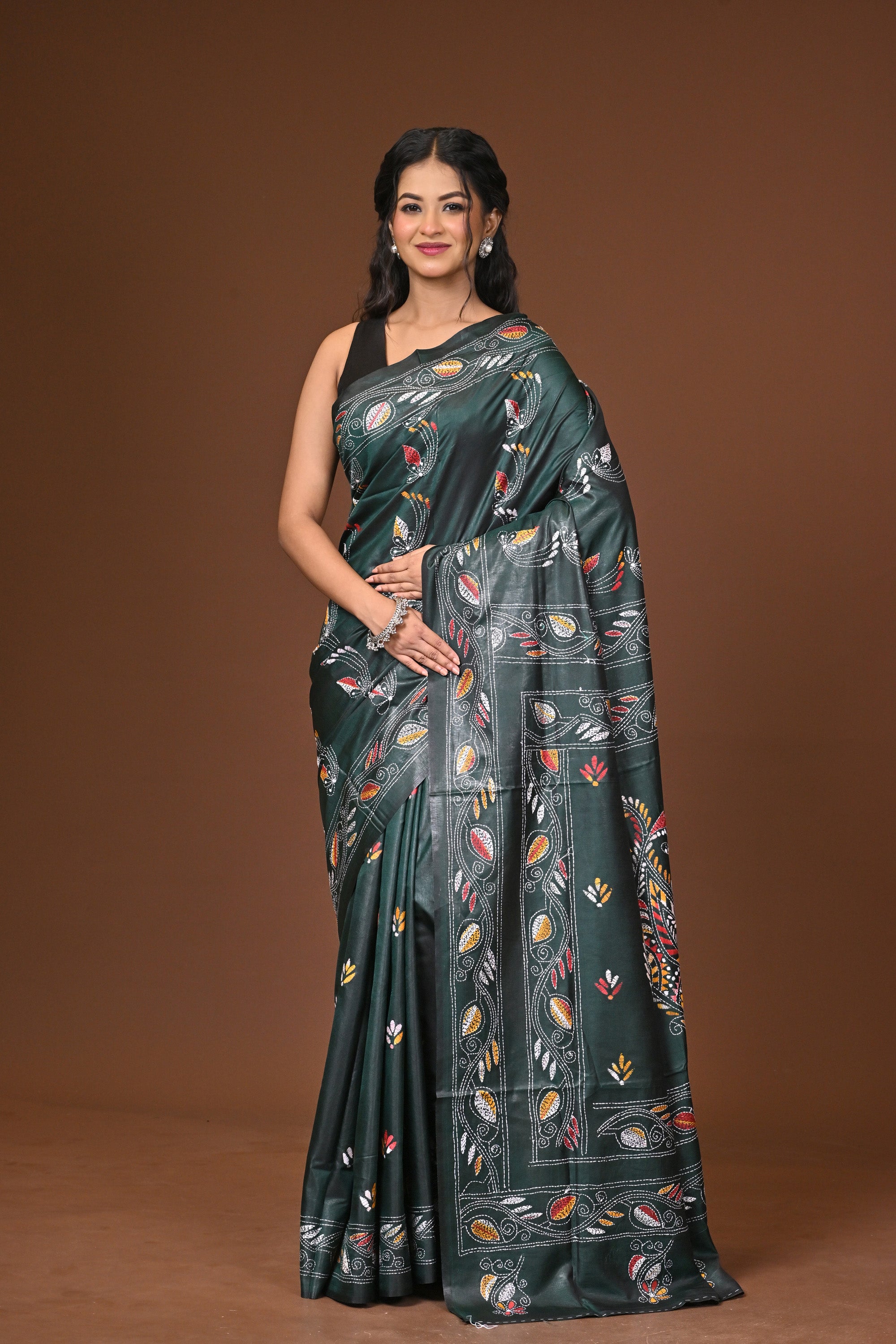Blended Silk Kantha Stitch Saree Green