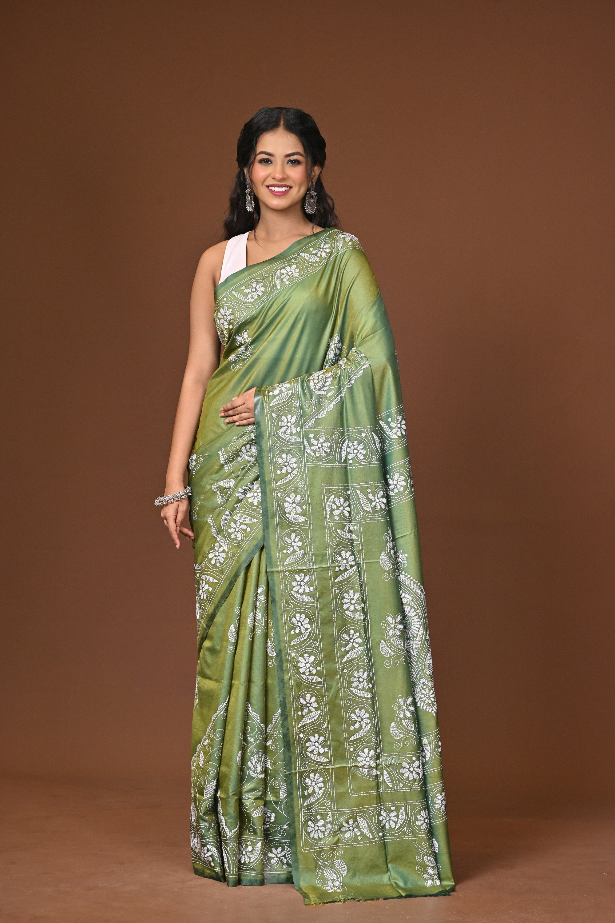 Blended Silk Kantha Stitch Saree Green