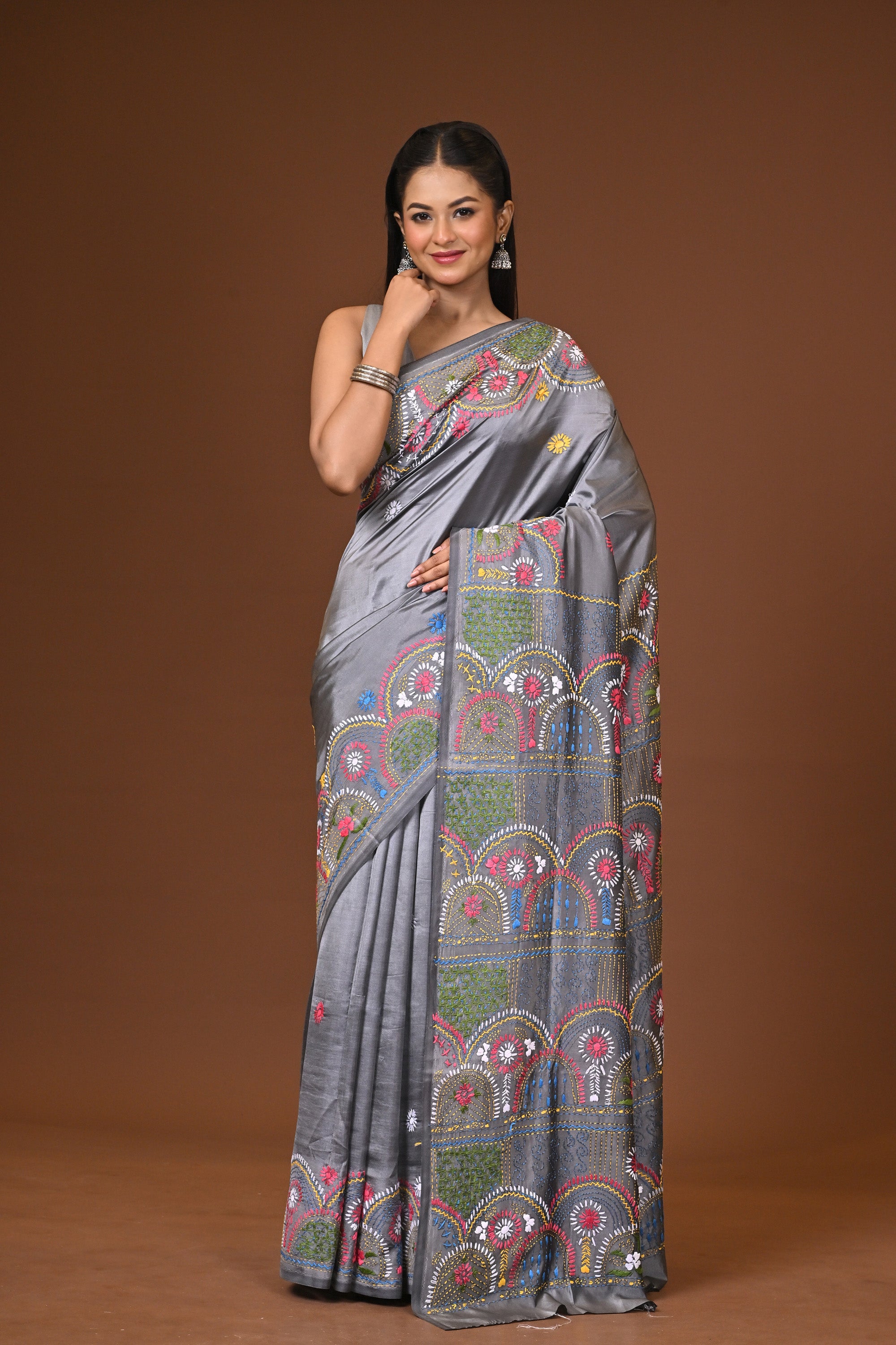 Blended Silk Kantha Stitch Saree Grey Thumbnail