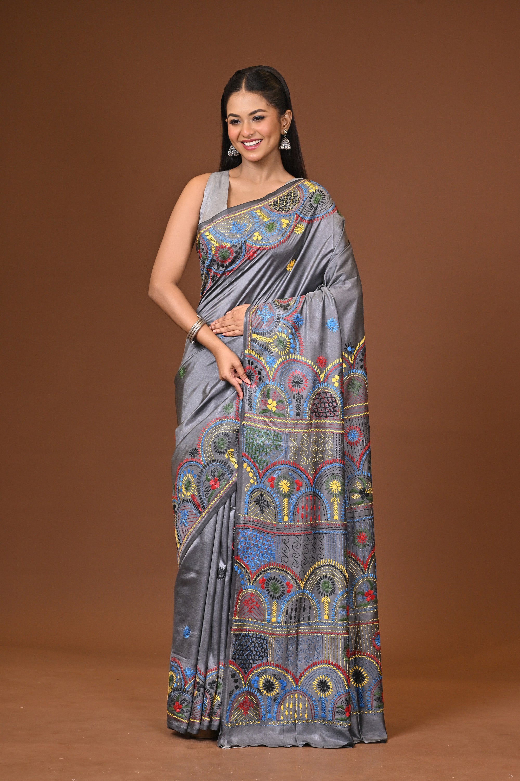 Blended Silk Kantha Stitch Saree Grey Thumbnail