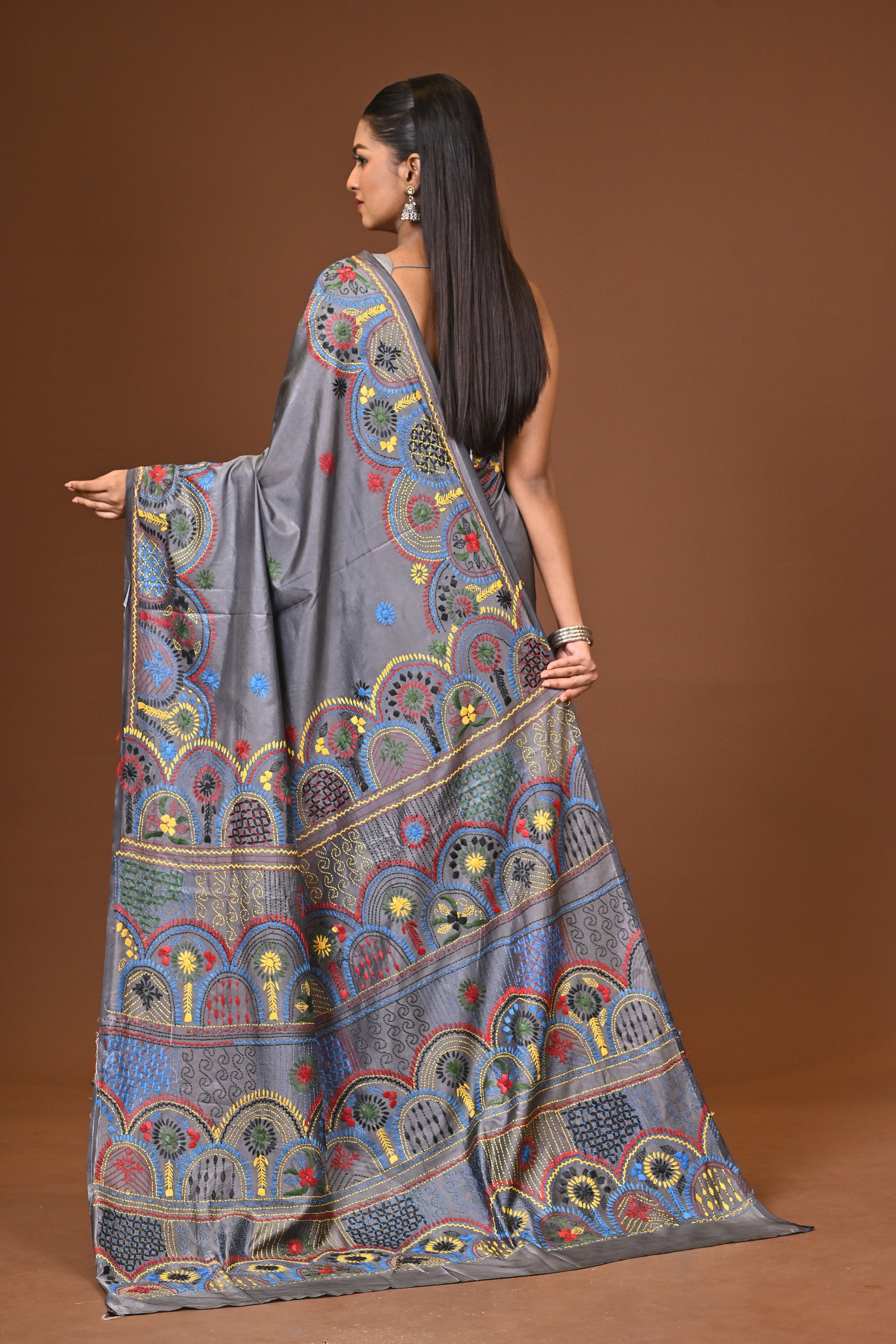 Blended Silk Kantha Stitch Saree Grey Thumbnail