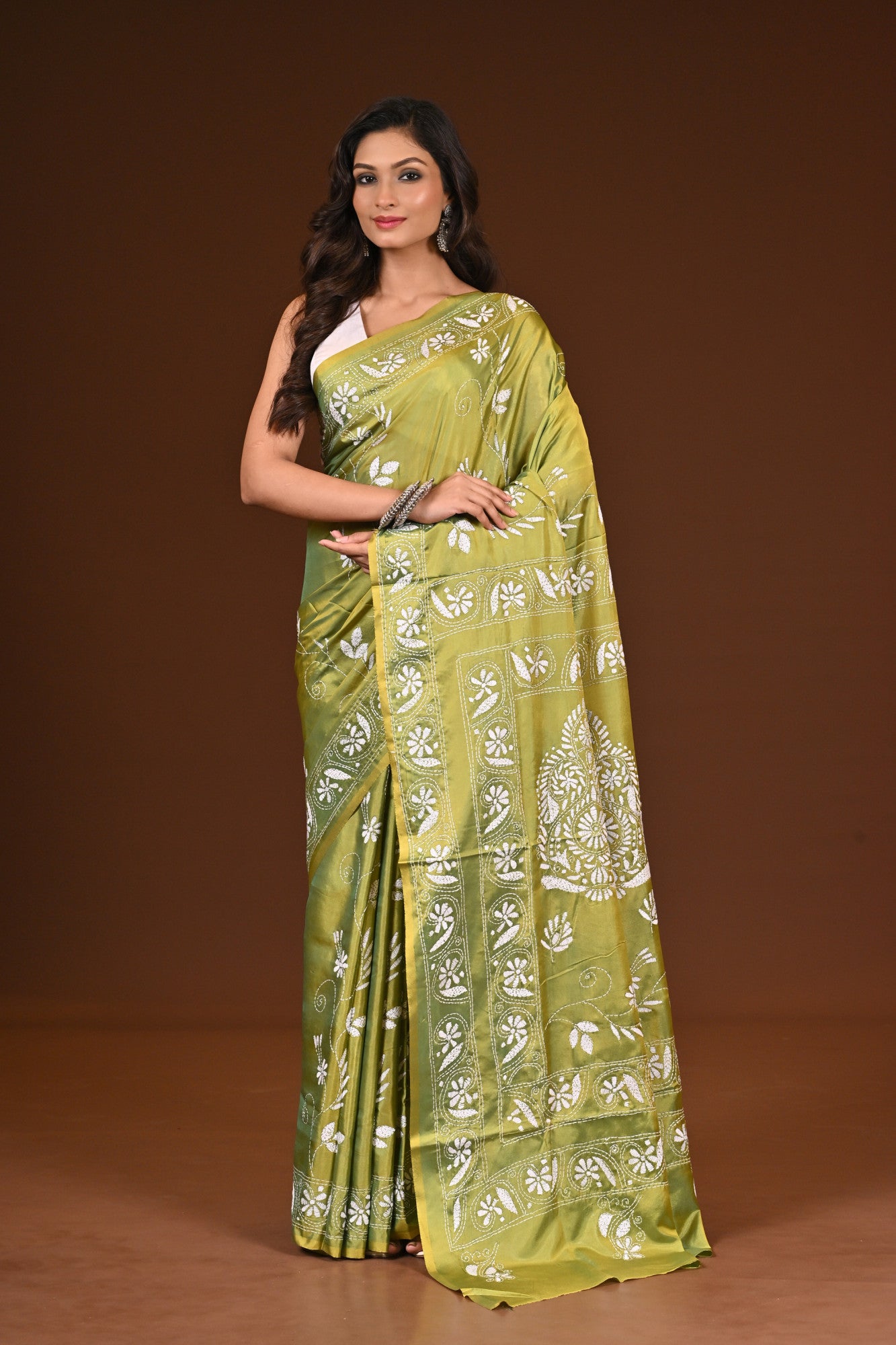 Blended Silk Kantha Stitch Saree Light Green Thumbnail