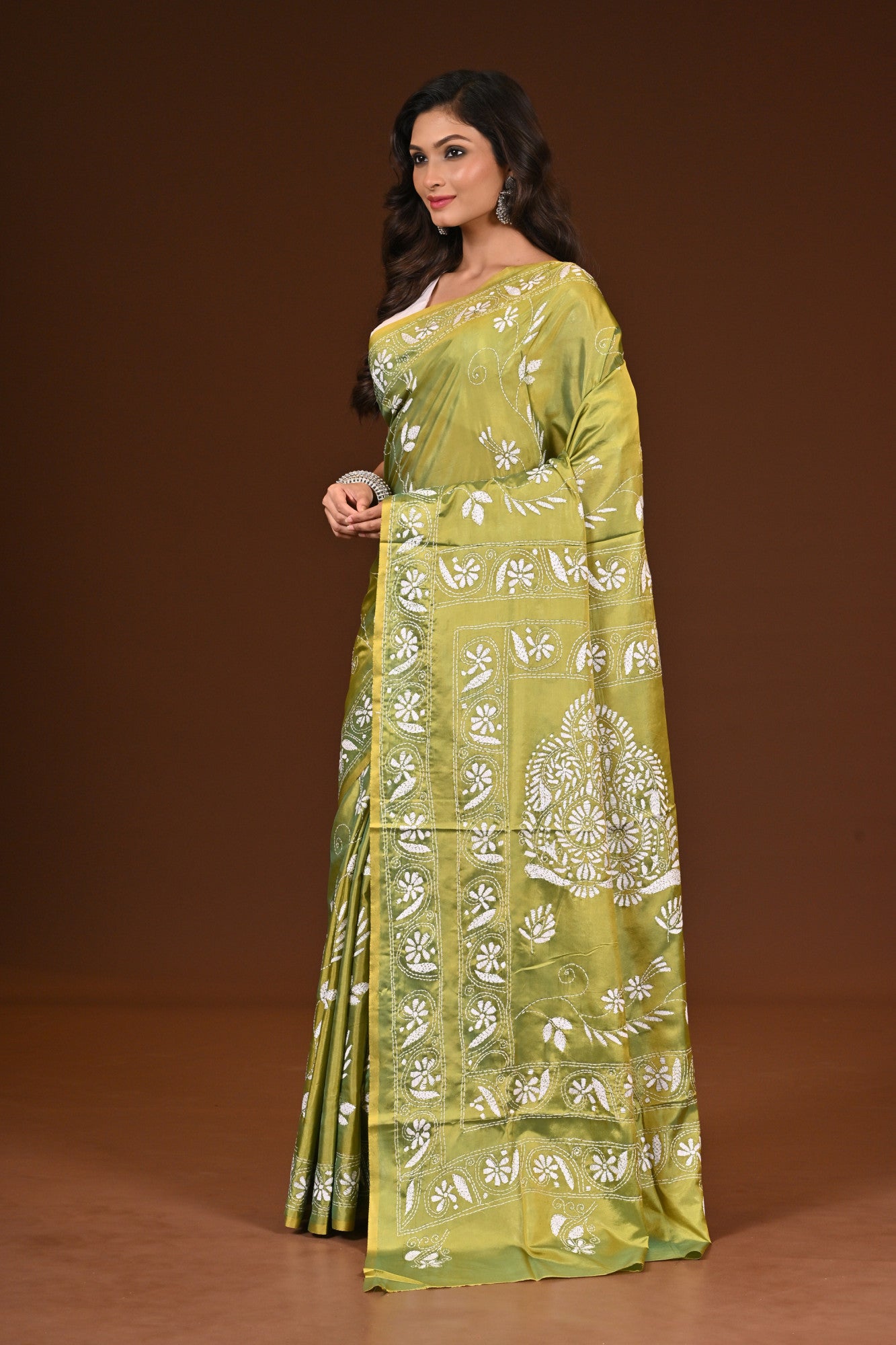 Blended Silk Kantha Stitch Saree Light Green Thumbnail
