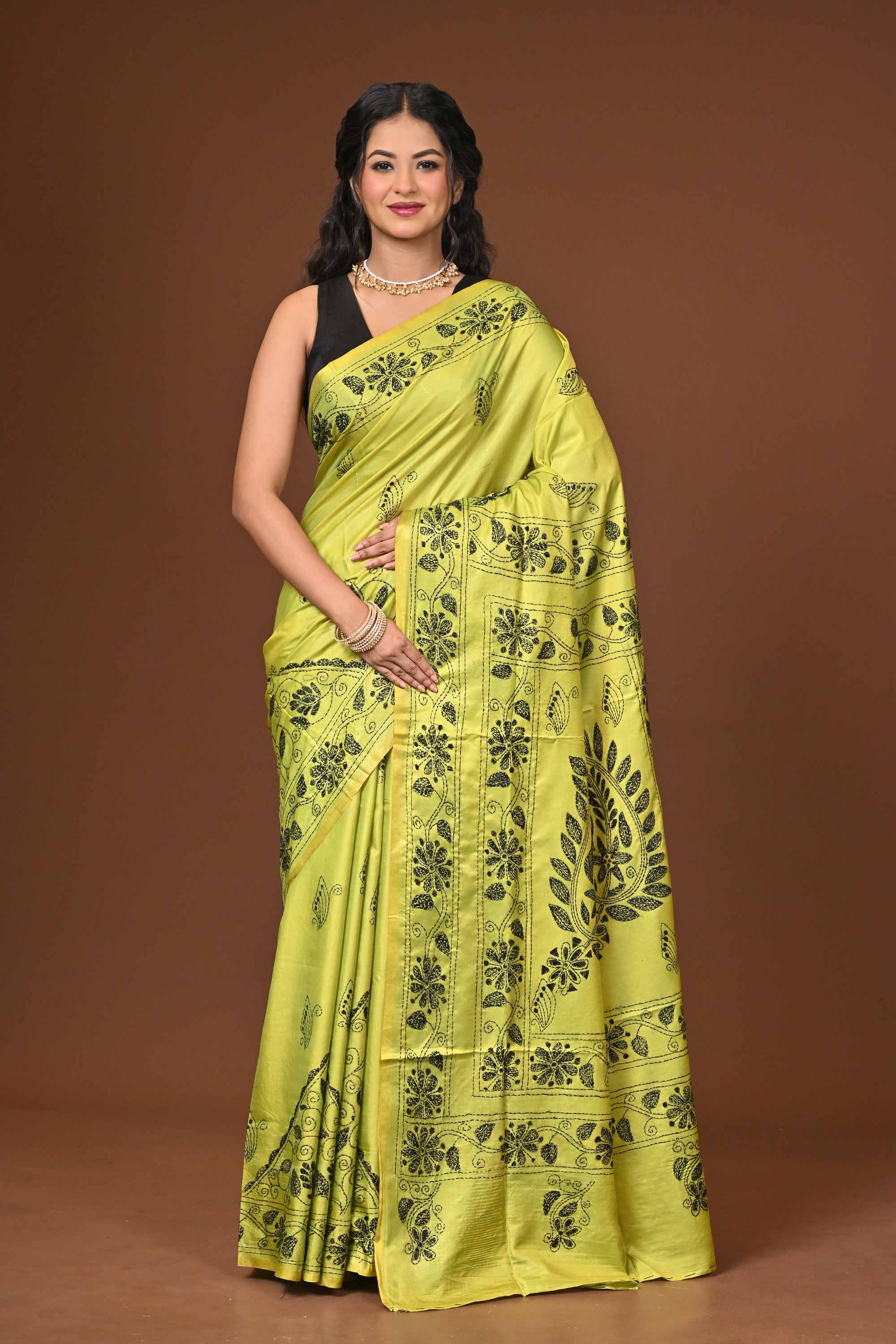 Blended Silk Kantha Stitch Saree Light Green