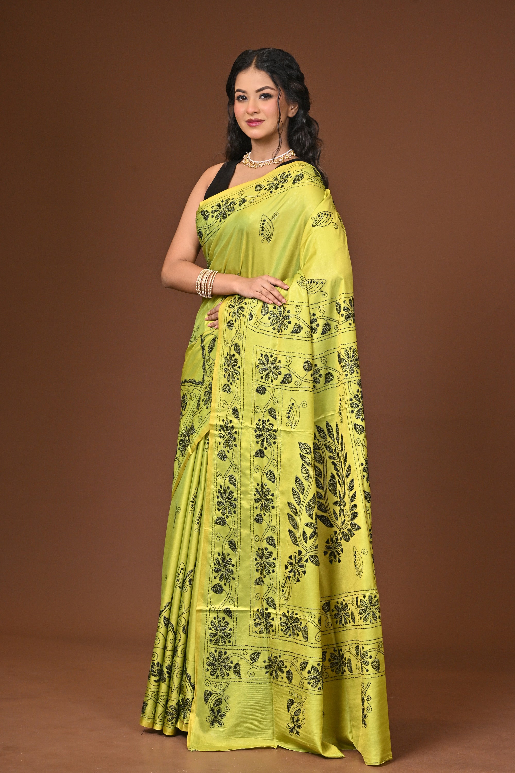 Blended Silk Kantha Stitch Saree Light Green Thumbnail