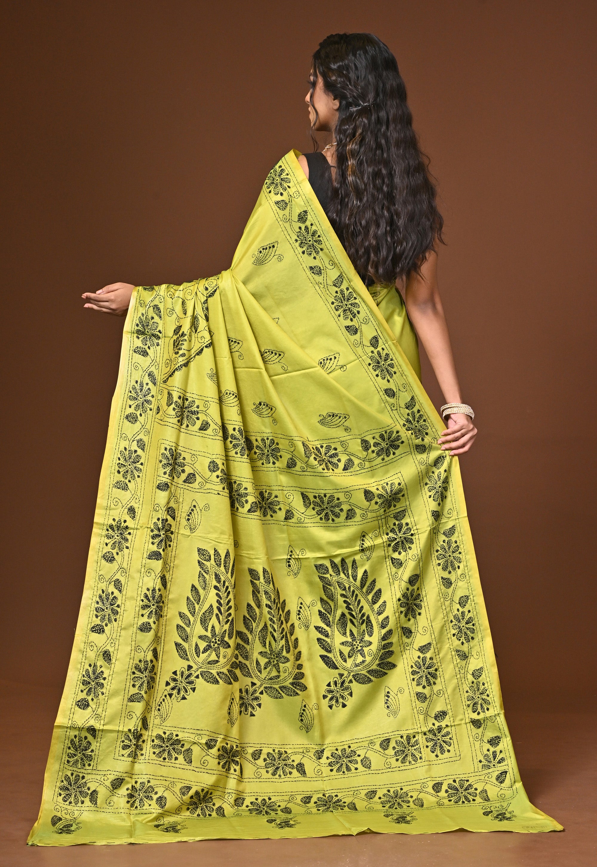 Blended Silk Kantha Stitch Saree Light Green Thumbnail