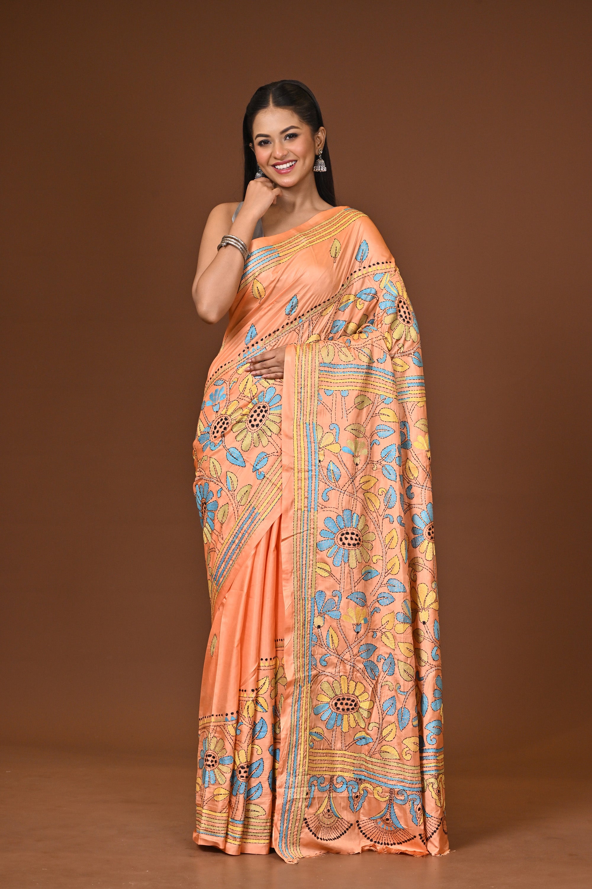 Blended Silk Kantha Stitch Saree Light Orange Thumbnail
