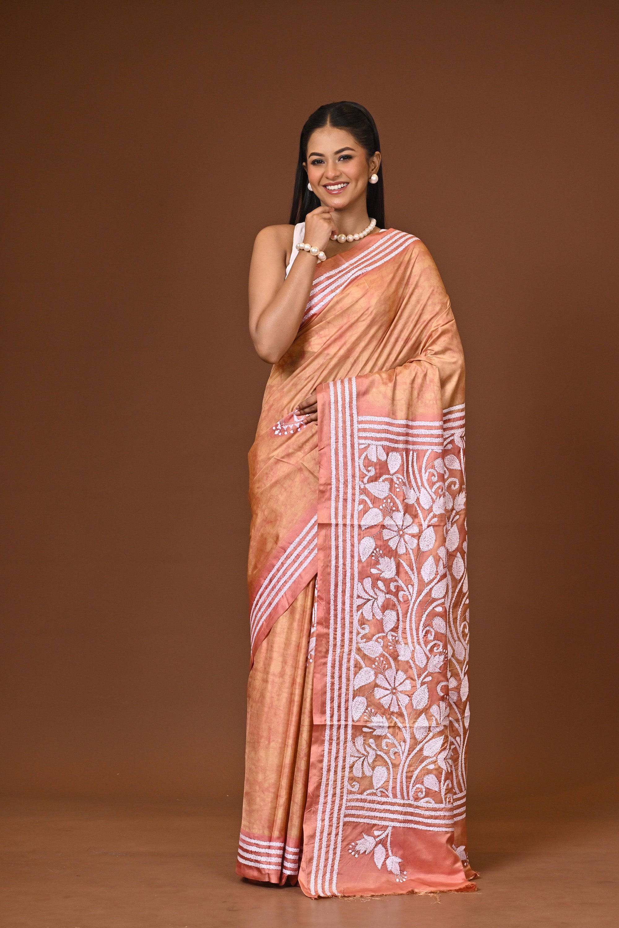 Blended Silk Kantha Stitch Saree Light Peach Thumbnail