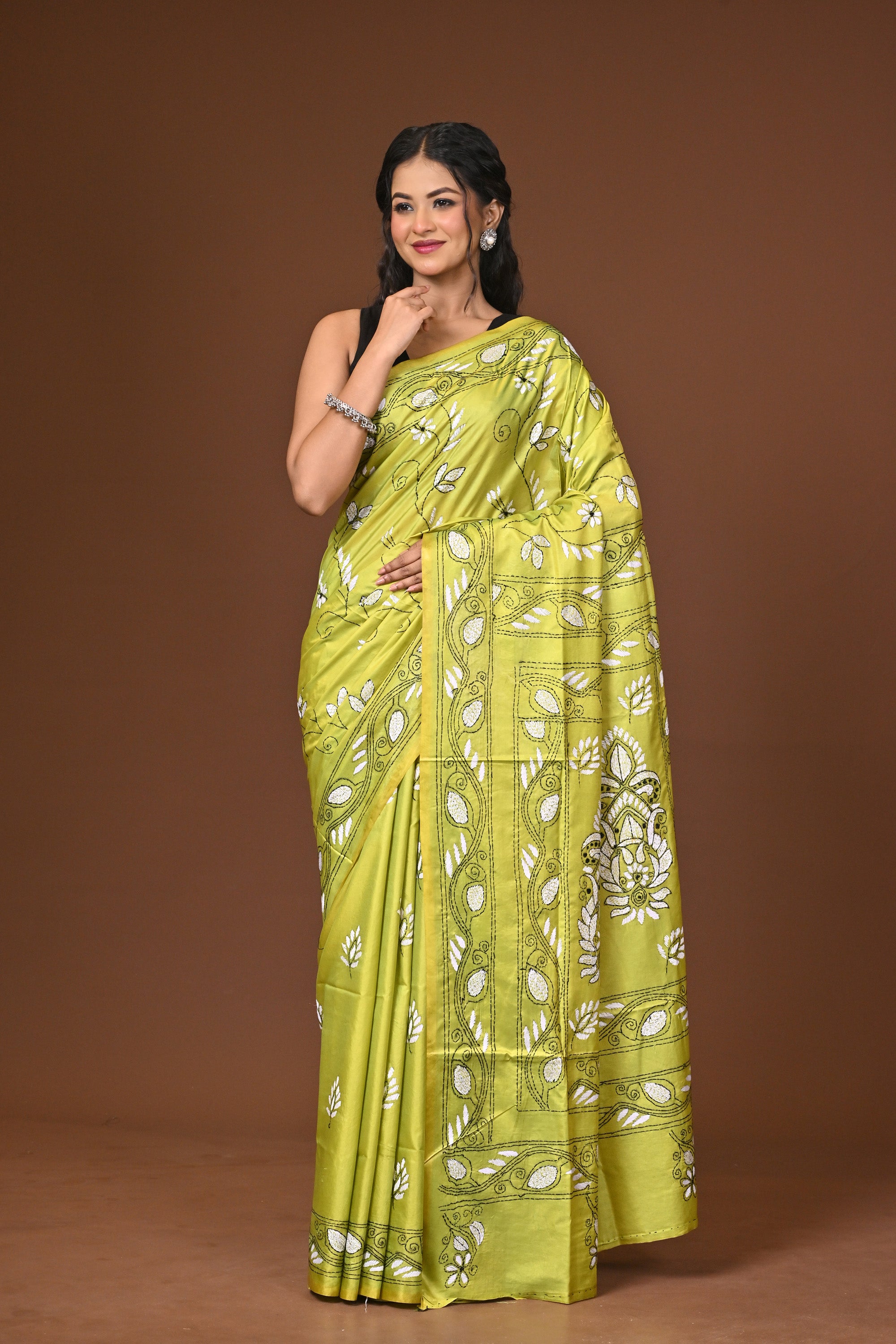 Blended Silk Kantha Stitch Saree Lime Green Thumbnail